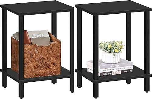 TUTOTAK TB01BK035 - Mesa auxiliar, mesita de noche con estante de almacenamiento de 2 niveles, para espacios pequeños, 2 unidades Negro,Marrón,Gris