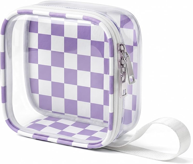 Necessaire LETGO xadrez roxa e bege com janela transparente de PVC e alça