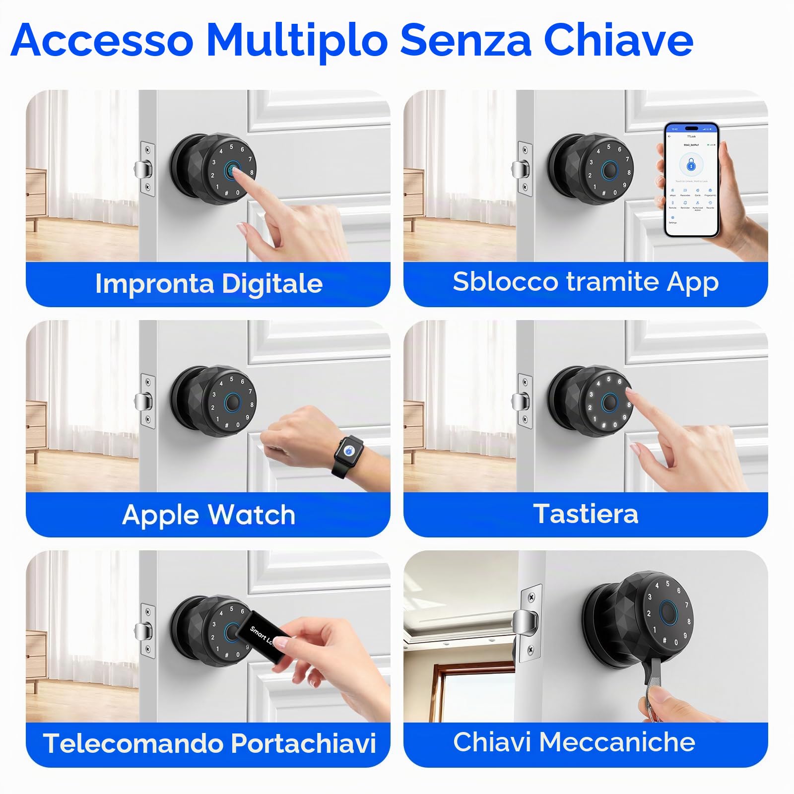 Smart Lock, Pomello Porta Intelligente con Impronta Digitale, Tastiera | Controllo App, Senza Chiavi per Stanze,Garage,Uffici,Appartamenti, Memorizzazione Dati in Locale, Compatibile con Apple Watch