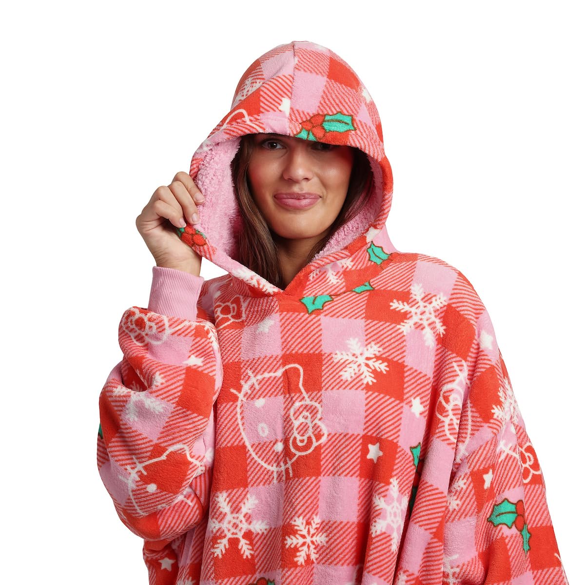 Pattern Red Hooded Wearable Oversize Blanket-OSFA: Hello Kitty Christmas Line Art