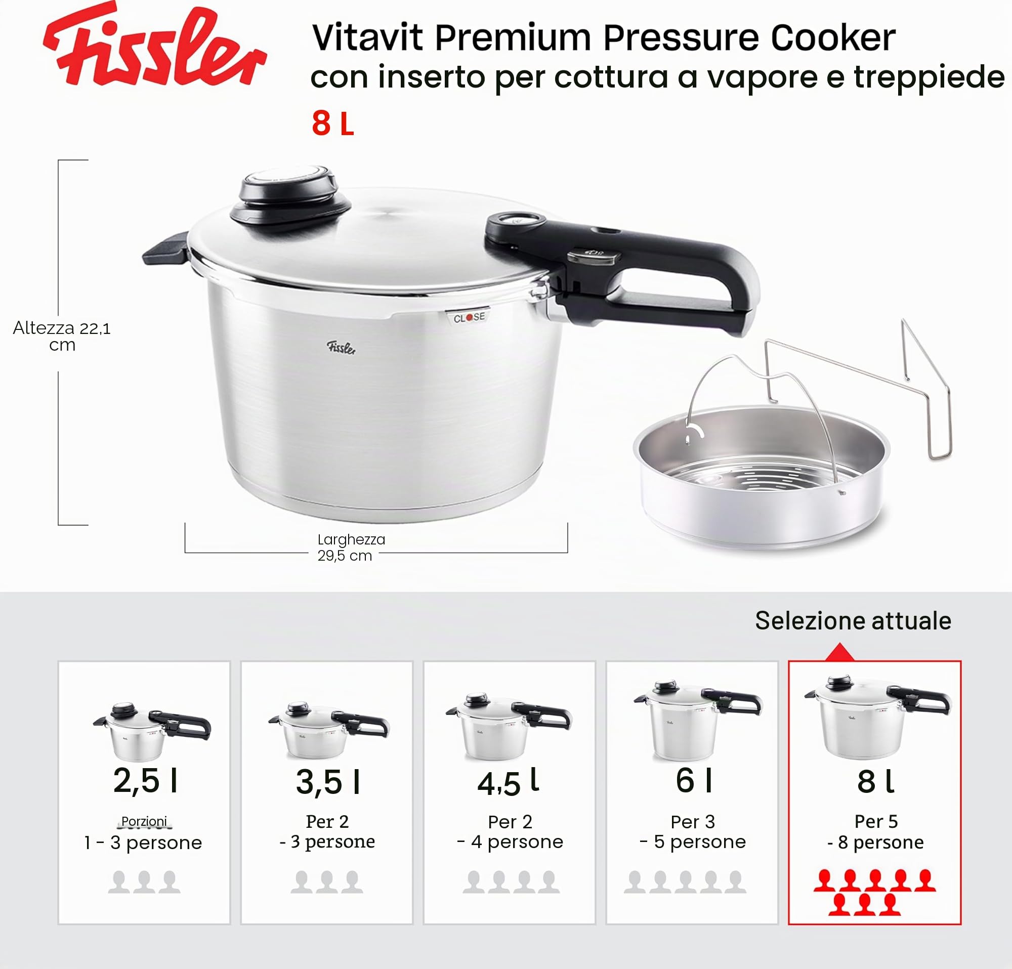 Fissler Vitavit Premium Pentola a pressione in acciaio inox 8 L, 26 cm, 4 livelli di cottura, incluso inserto, adatta a fornelli a induzione