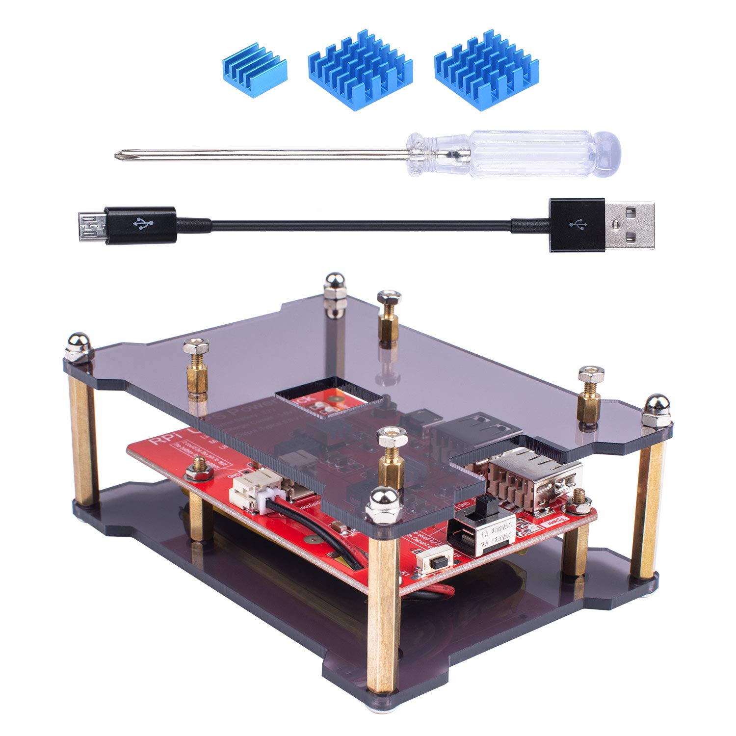 Miuzei Pi UPS PowerPack components including heatsinks, screwdriver, micro USB cable, and assembled case