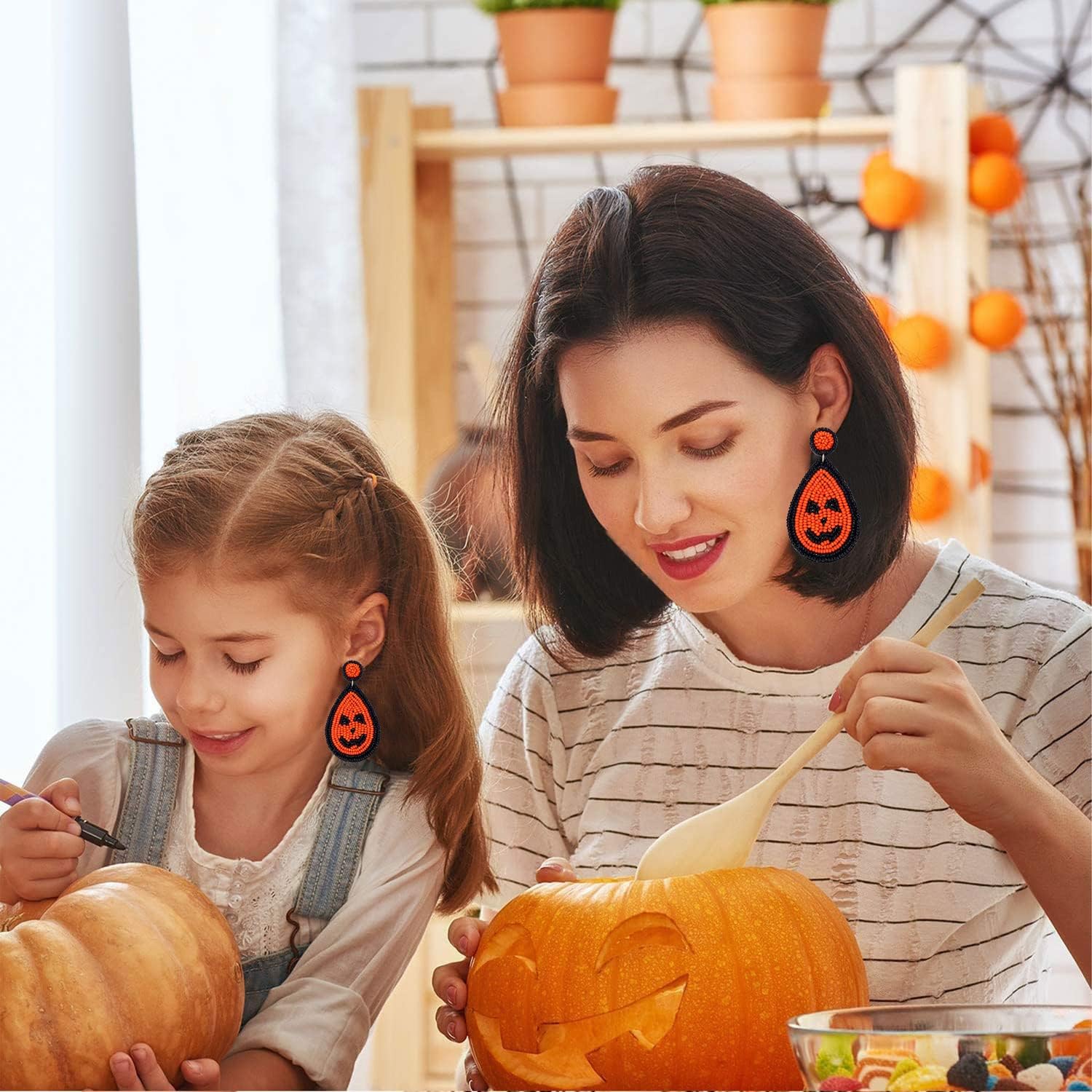 NVENF Halloween Earrings Spooky Beaded Ghost Pumpkin Dangle Earrings for Women Handmade Bead Drop Earring Studs Costume Themed Party Jewelry Gifts (Pumpkin 2) - Image 3