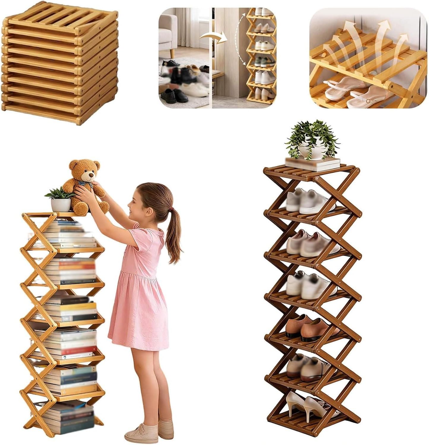 Shoe Rack, Foldable Bamboo Shoes Shelf,Tall Narrow Foldable Shoe Organizer,Freestanding Shoe Storage Organiser for Entryway, Hallway, Bedroom, Closet(Tea,7 Tier)