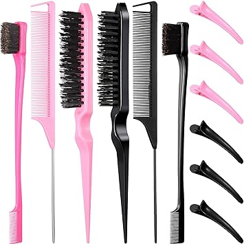 12 Pieces Hair Brush Set, Nylon Teasing Hair Brushes 3 Row Salon Teasing Brush, Double Sided Hair Edge Brush Smooth Comb Grooming, Rat Tail Combs with Duckbill Clips for Women Girls (Black, Pink)