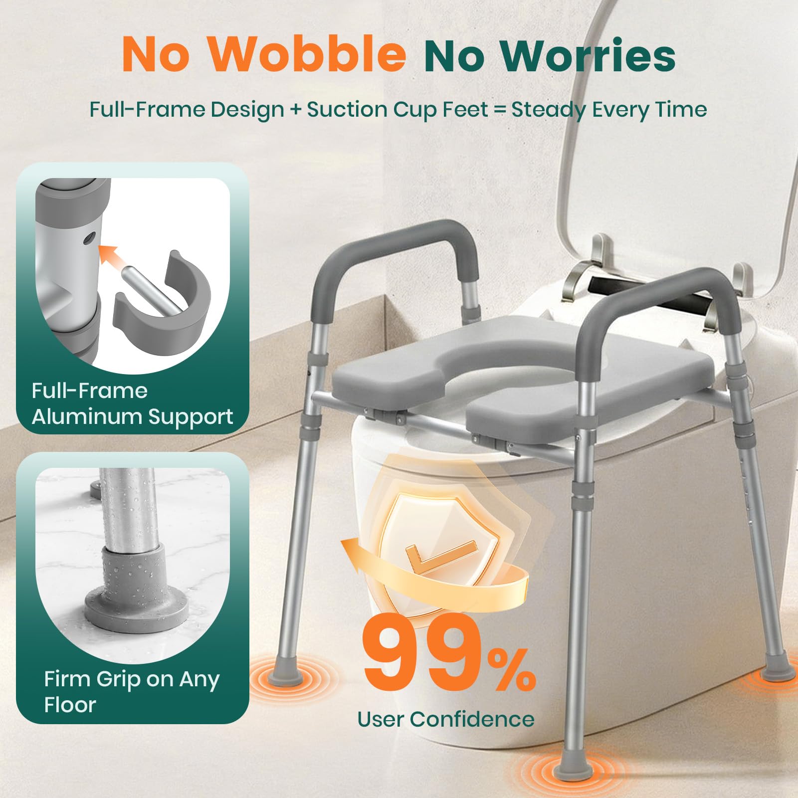 LTR02 Telaio Sicurezza WC con Seduta – fino a 180 kg, Corrimano Regolabili in Altezza e Larghezza, Braccioli Imbottiti, Piedini Antiscivolo, Ausilio Bagno per Anziani e Riabilitazione