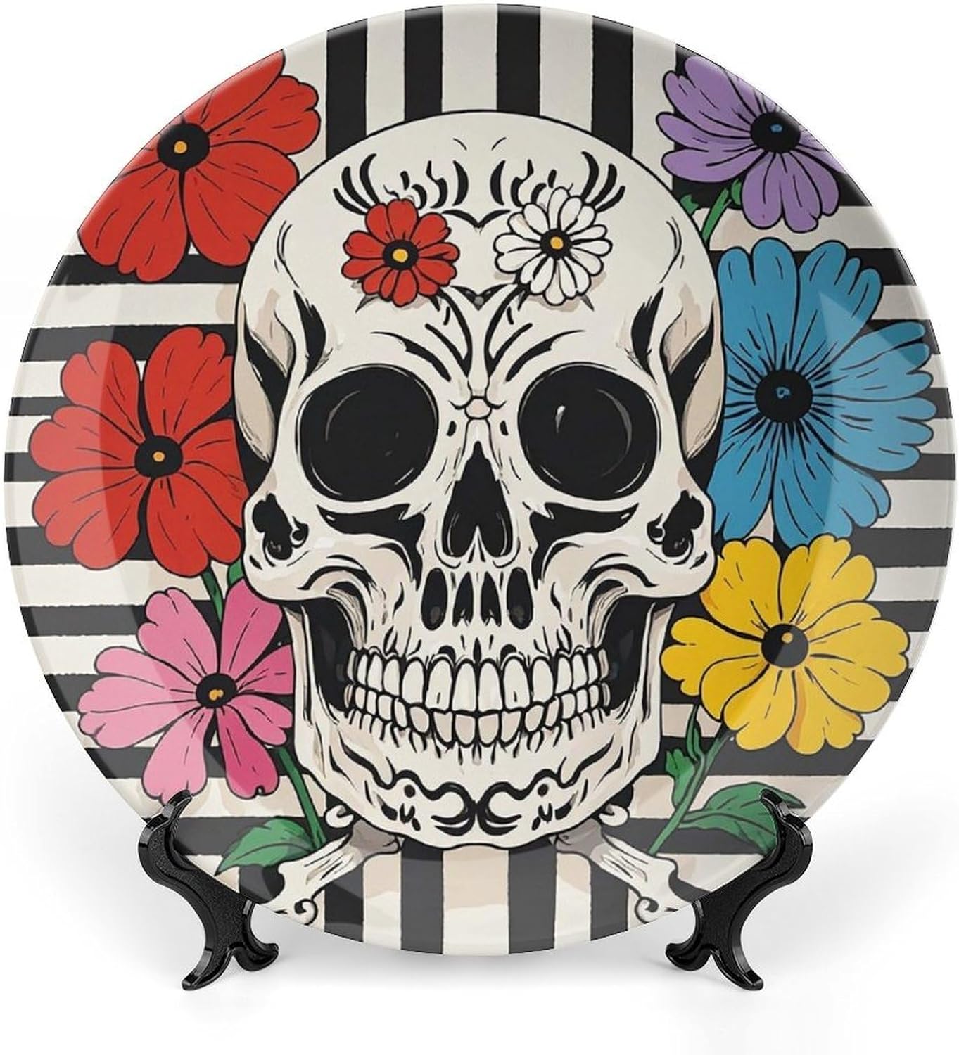 Skeleton And Flower Black And White Ceramic Decorative Plate for Office Decor, Chinese Style Decorative Dish with Stand, Dinner Dish Decorative Plates for Wall Hanging Bone Collections Plates 10inch