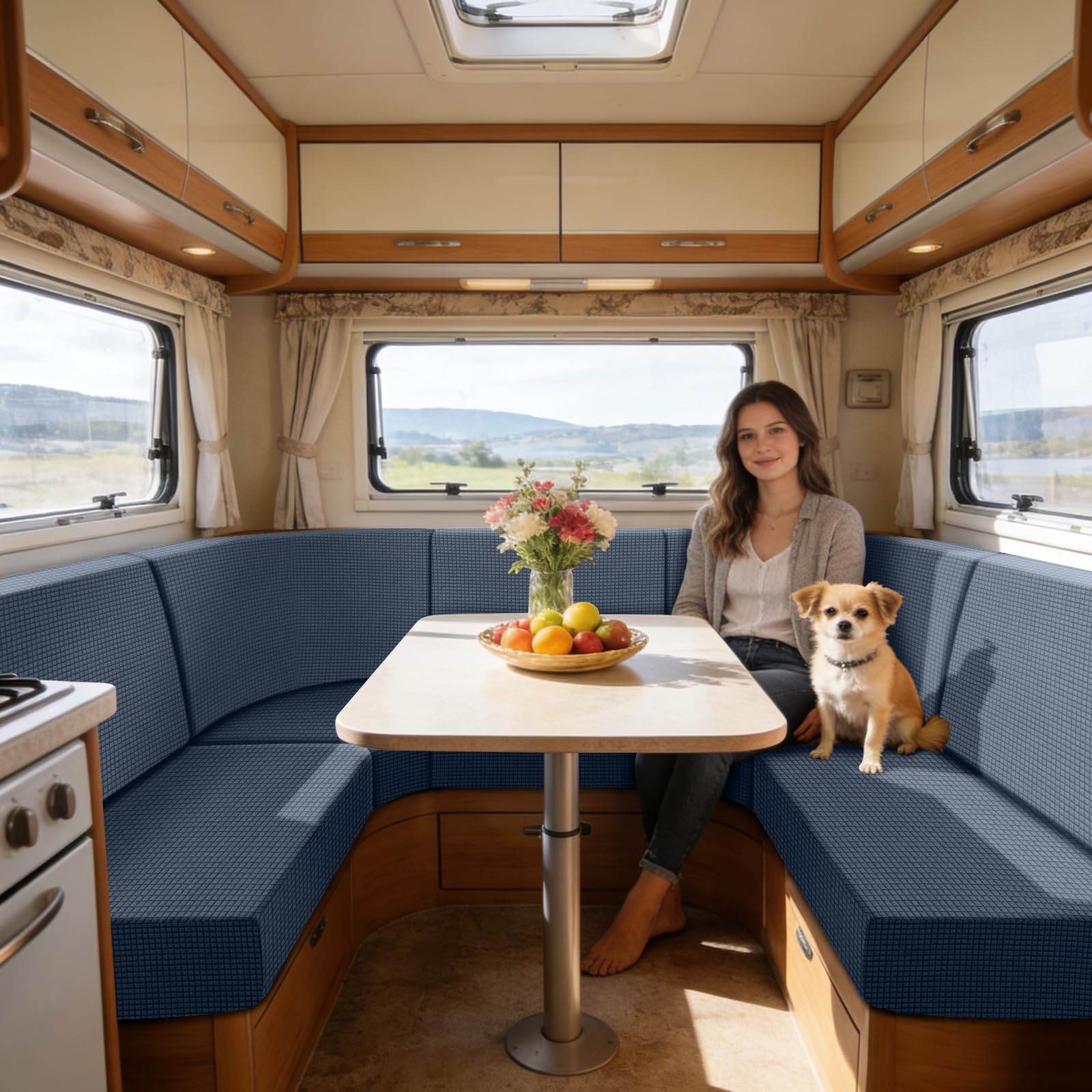 SYLC Caravan Seat Cover Stretch Jacquard, Non-slip RV Dinette Cushion Covers with 2 Straps, Couch Cushion Covers for Camper Sofa Bench (Denim blue,Corner seat)