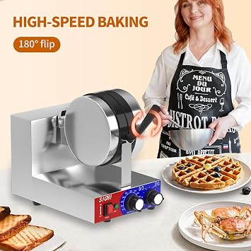Commercial Waffle Maker - Belgian Waffle Maker w/Non-stick Baking Pan and 550F Heating, 1200W Rotating Waffle Iron for 1.2 Thick, Stainless Steel Round Waffle Machine for Restaurant