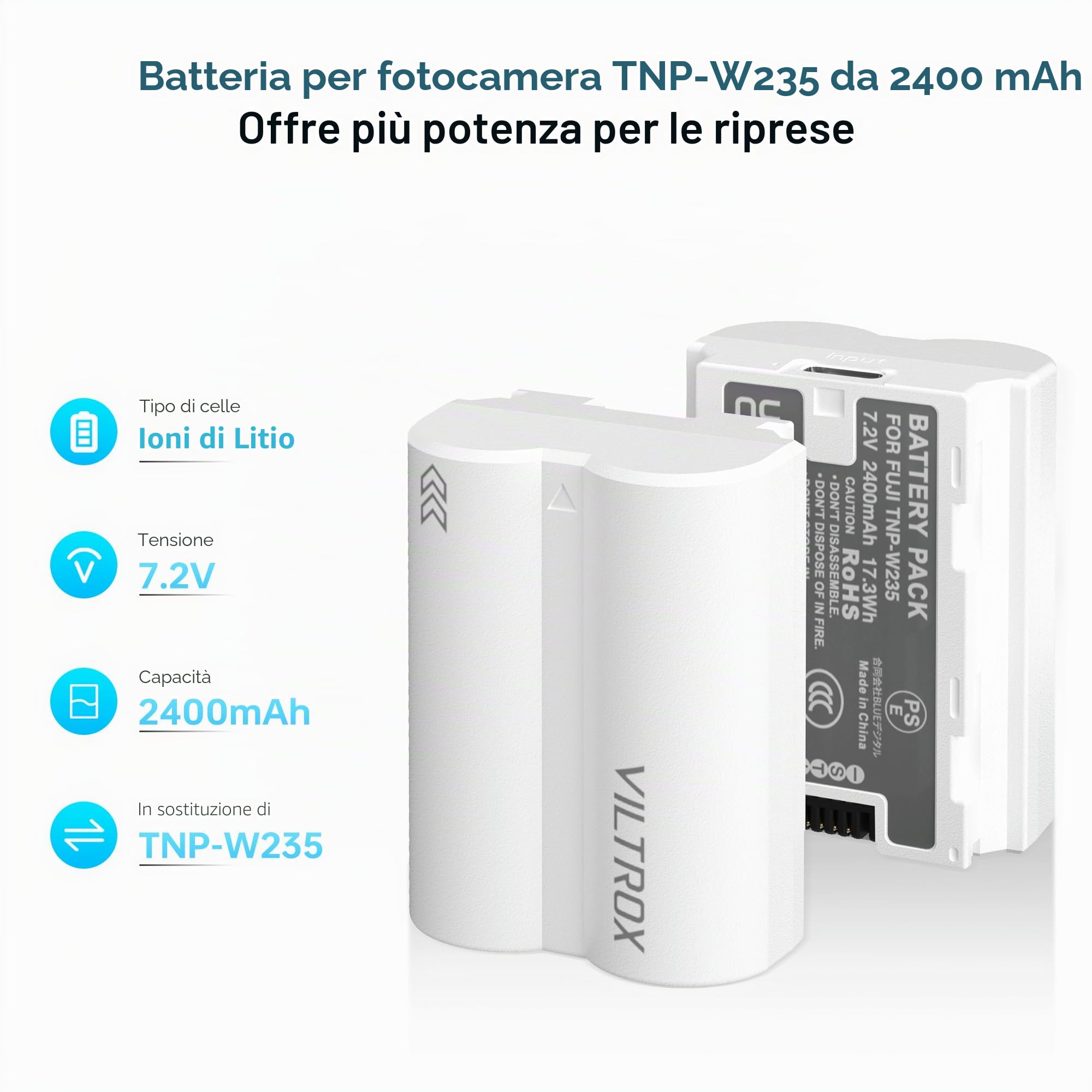 VILTROX 2 Pack NP-W235 2400mAh Batteria di ricambio per fotocamera USB-C con ricarica rapida Type-C da 2,5 ore, ricaricabile, compatibile con Fujifilm X-T5, X-T4, VG-XT4, X-S20, X-H2S, X-H2, GFX50S II
