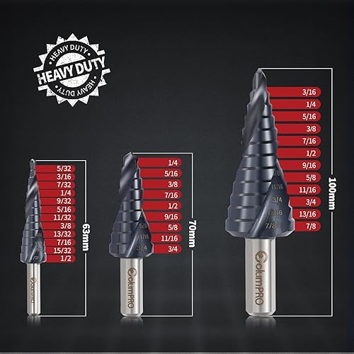 Miniatura 2 de Juego de 3 brocas escalonadas de cobalto para acero inoxidable y metal duro, M35 HSS Unibit con revestimiento TiAlN, diseño de flauta en espiral,