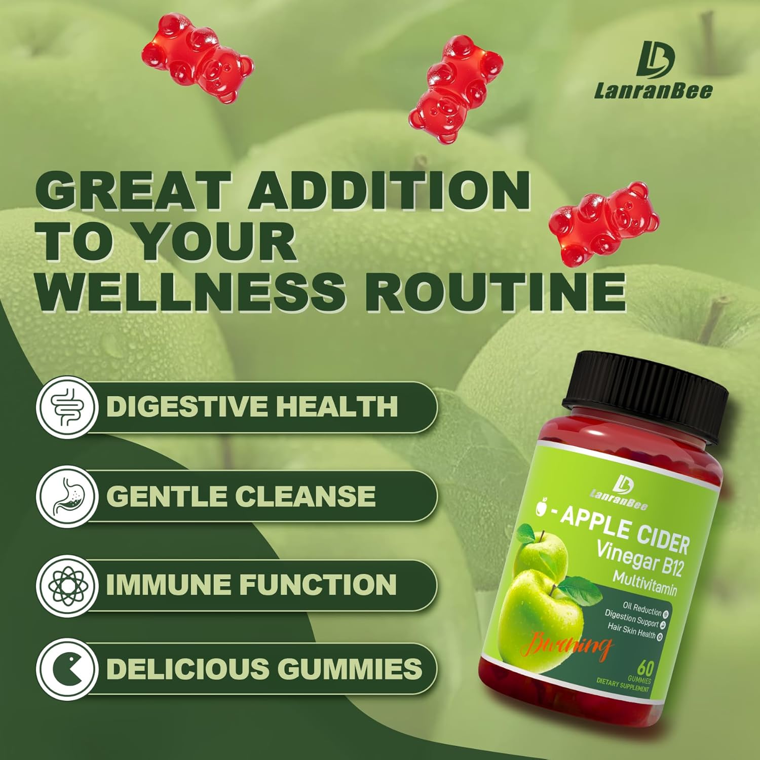 Apple Cider Vinegar Gummies 1000mg with Vitamins B12 Multivitamin ACV Supplement Gummy – Supports Digestion, Energy, Weight Management & Gut Health – Vegan, Non-GMO, Gluten-Free – 60 Count - Image 2