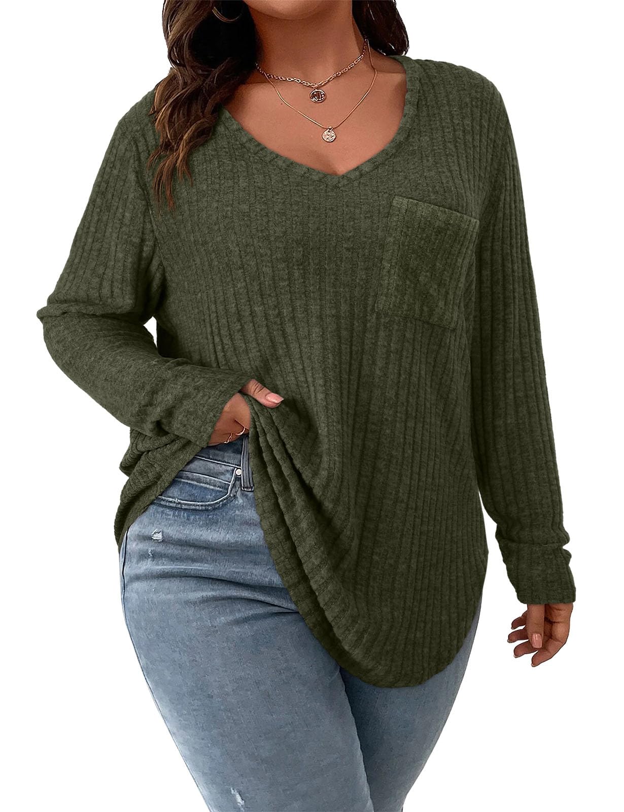 Koscacy Women Plus Size Casual Knit Sweater with Pocket V Neck Solid Color Tops Lightweight Long Sleeve Blouses