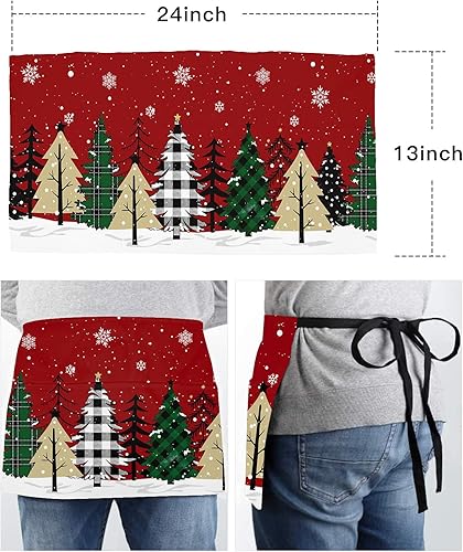 Miniatura 6 de PIEPLE Delantal de camarera de árbol de Navidad con 3 bolsillos, delantales de media cintura para camarero, delantales de chef para mujeres y