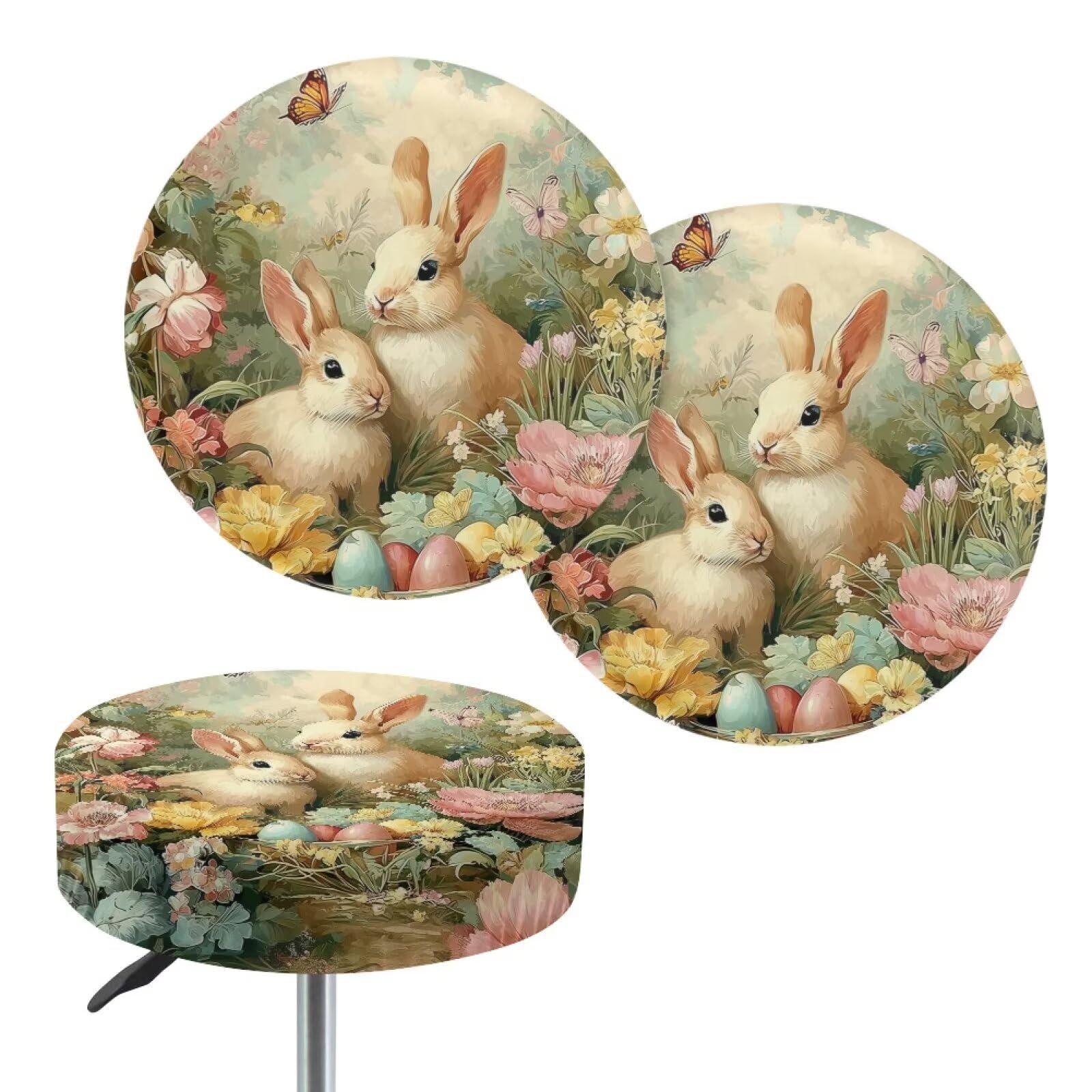 Wanyint Seat Cover for Round Bar Stool, 2 Pack Non-Slip 13-15 Inch Irish Bar Stool Slipcover Vanity Seat Stool Slipcovers for Easter Home Decor, Retro Bunny Egg Spring Flower โ image 1