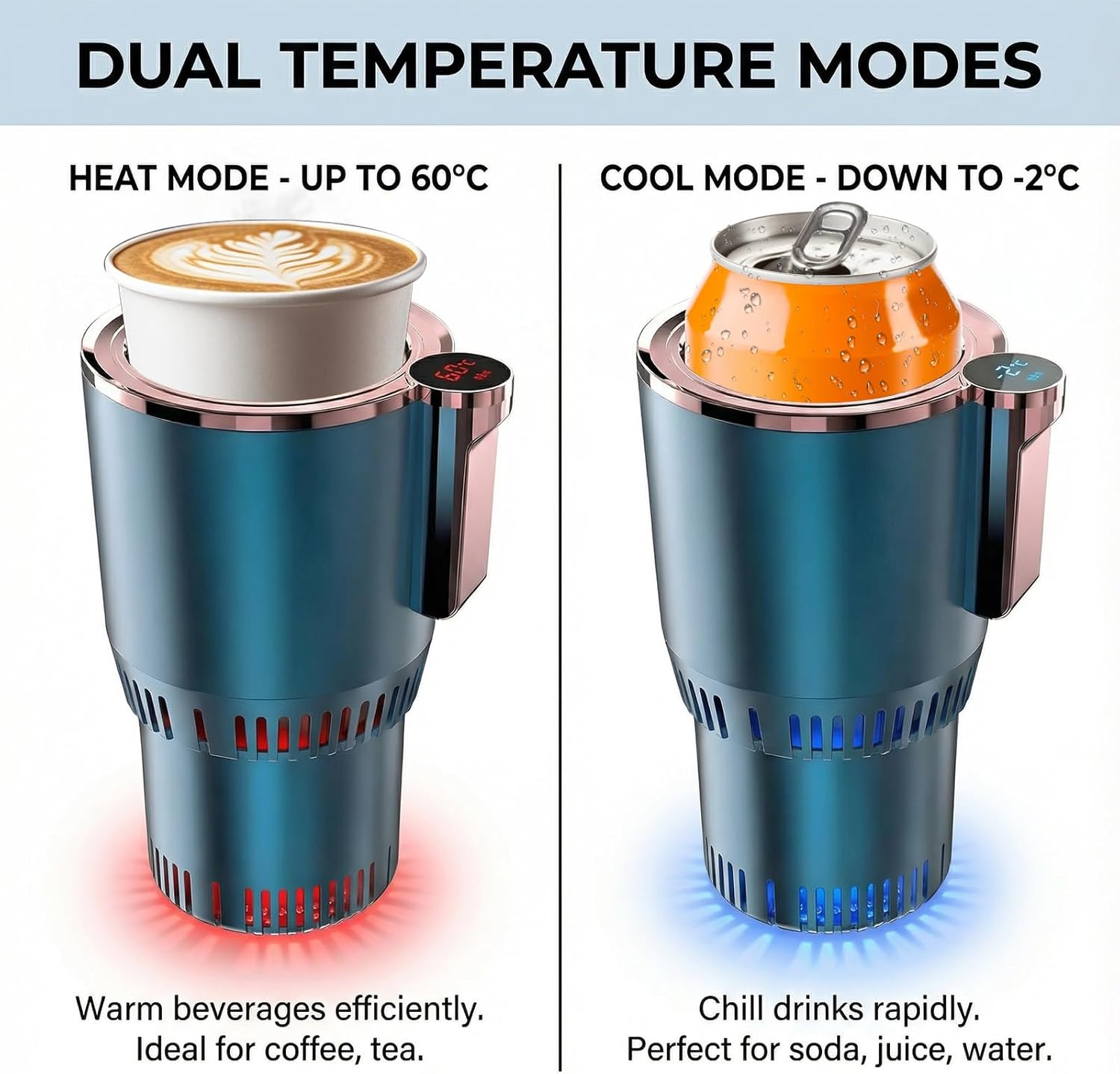 2-in-1 Smart Car Cup Holder, Drinks Cooler and Warmer, Beverage Chilling or Heating, LED Temperature Display, Touchscreen Control, for RV, Road Trip, Commuting(12V 36W, Blue)