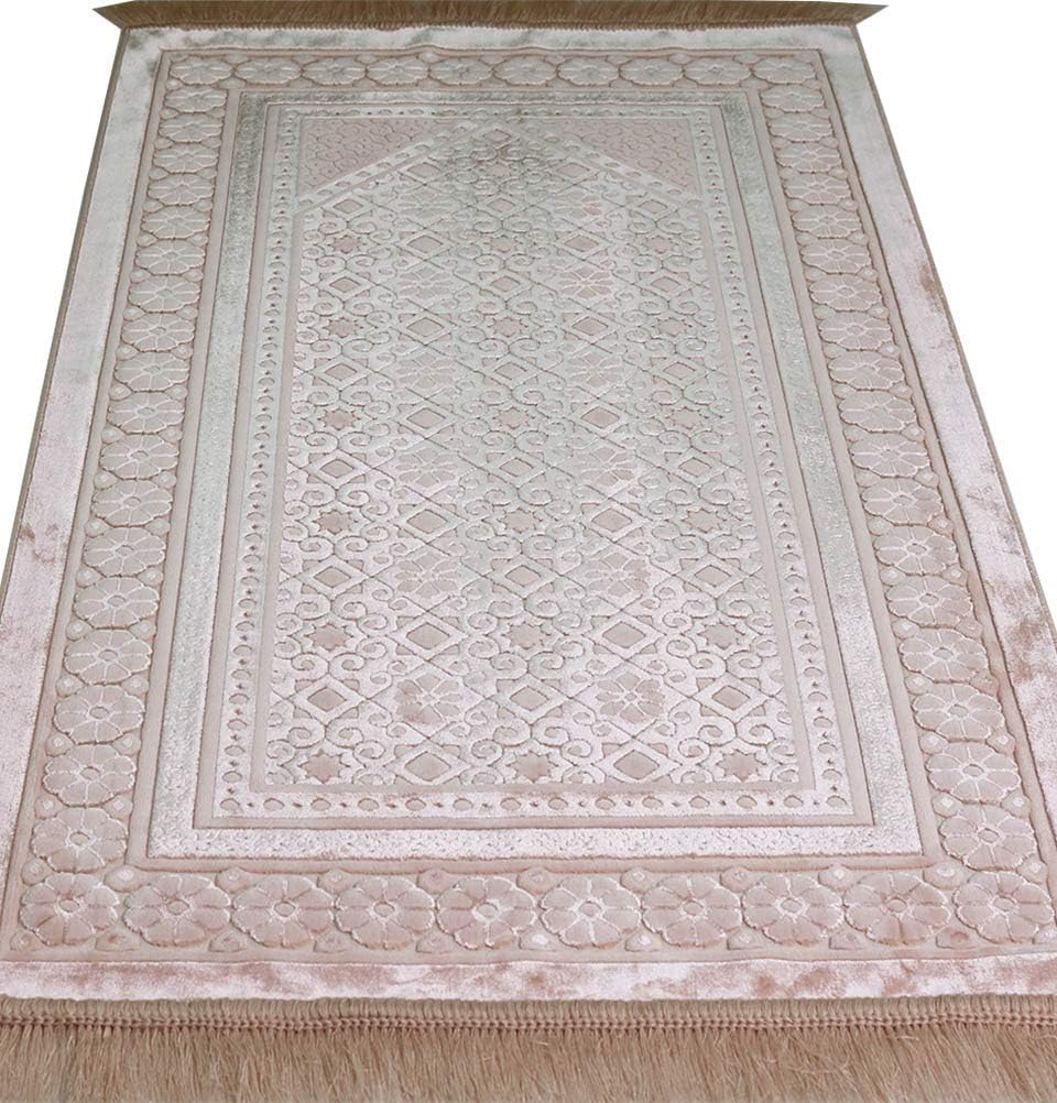 Modefa Velvet Prayer Rug with Prayer Beads Turkish Janamaz Sajadah Floral Stamp Luxury Plush (Light Pink)
