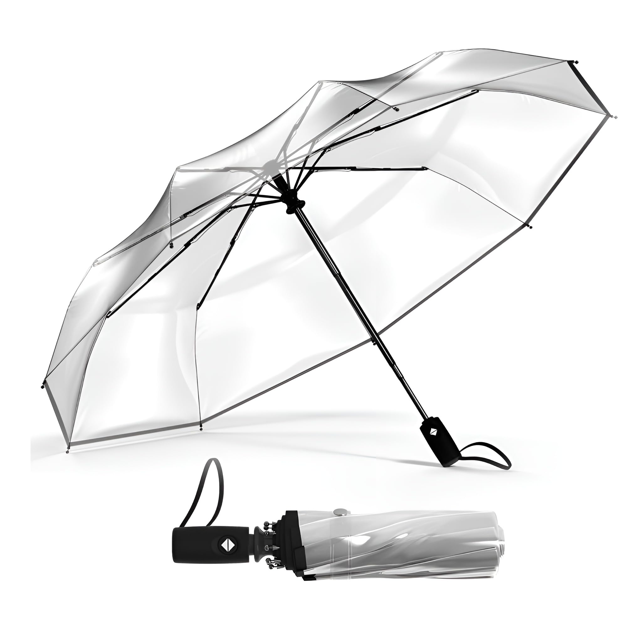 Transparent Windproof Travel Umbrella – Compact, Lightweight & Durable with Auto Open/Close, Waterproof Canopy, Strong Fiberglass Frame – Portable Umbrella for Rain, Fits in Backpack or Purse (Black)
