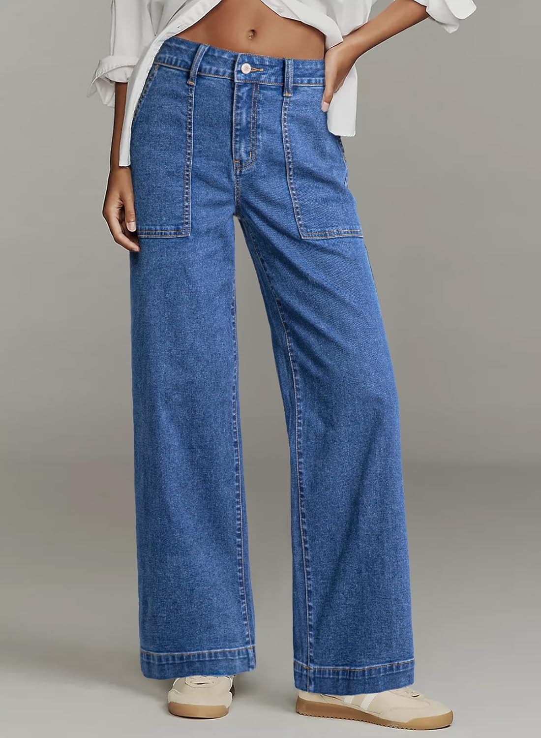 Dokotoo Women's Pants High Waisted Jeans Stretch Loose Fit Colorblock Denim Pants with Pocket - Image 4