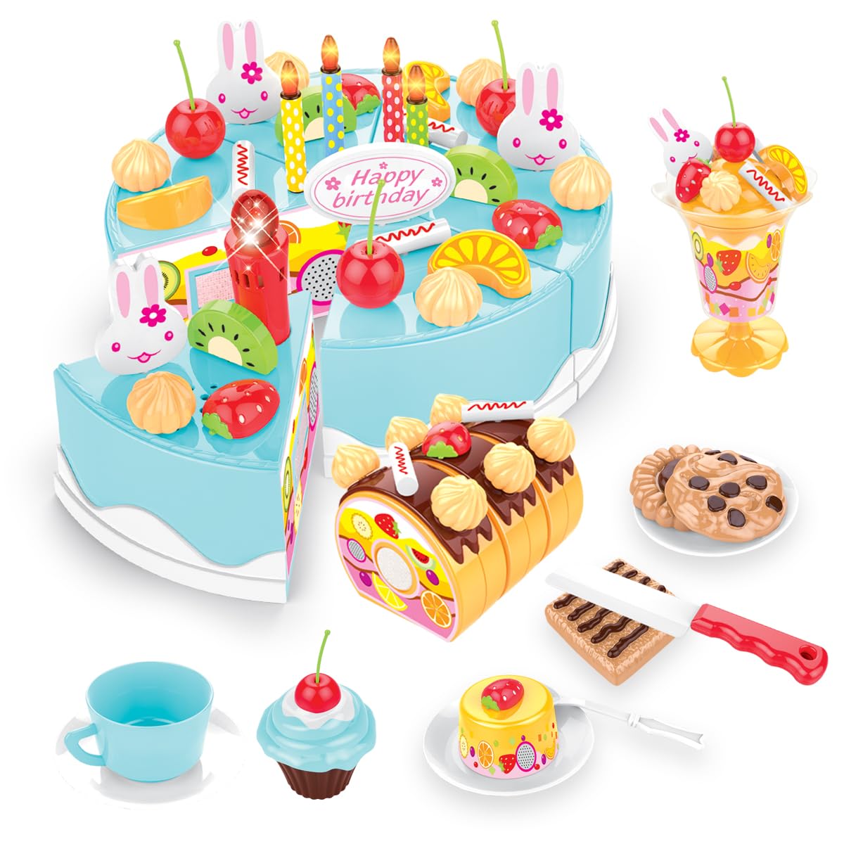 Xwin Sportseries Kids Birthday Cake Toy, 75 PCs DIY Pretend Play Cake Decoration Accessorises with Musical Light Up Candle & Desserts Party Playset, Play Food Cutting Gift for Children 3+ Year - Blue