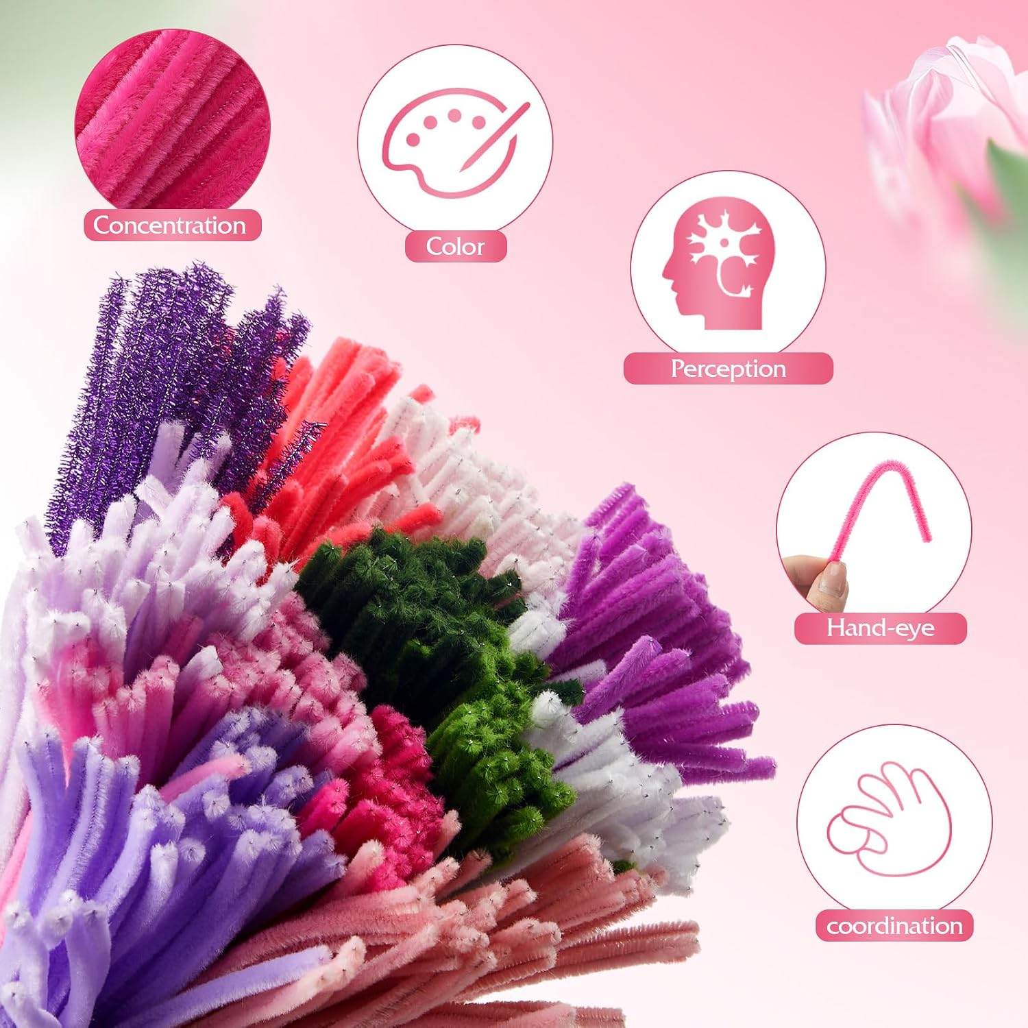 Fiwochic 600 Pieces Pipe Cleaners Pink Hot Red Purple Green Glitter Chenille Stems for Wedding Pipe Cleaner DIY Art Craft Supplies