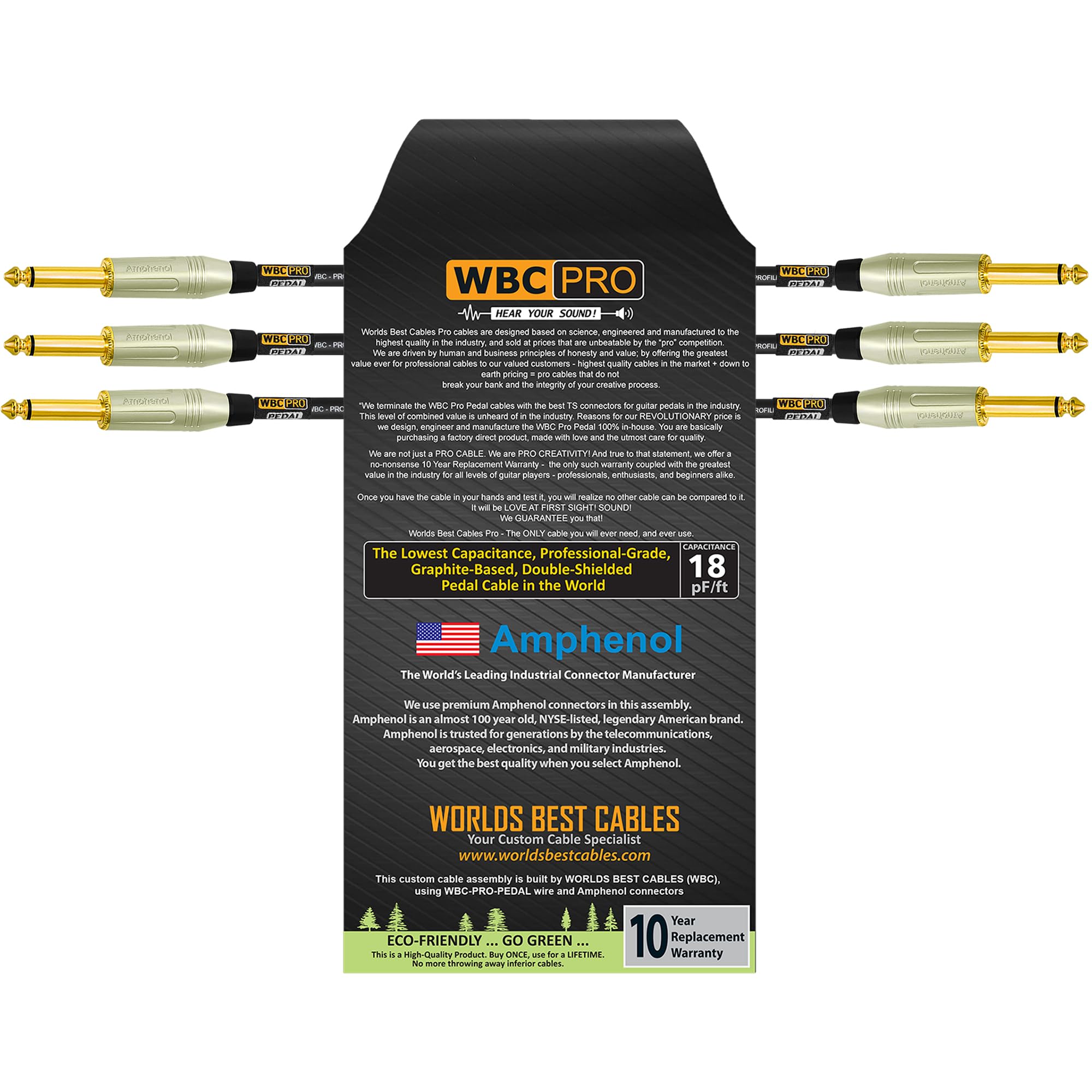3 unidades – 10 pulgadas – Pedal WBC-PRO-– 22 AWG – Tapa baja (18 pF/pies) – Grado profesional – Basado en grafito – Pedal de doble blindaje, efectos, parche, cable de instrumento y conectores