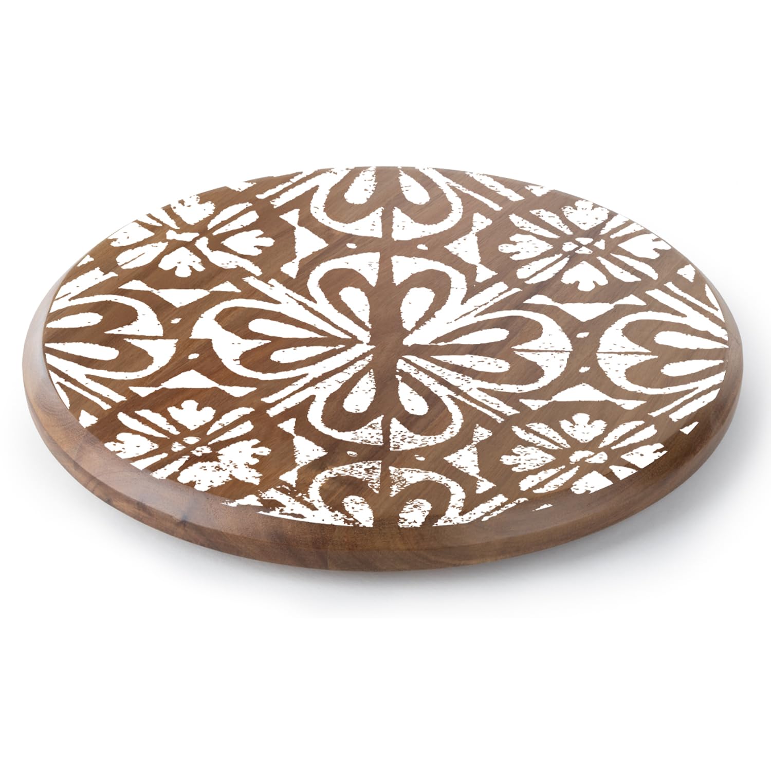 CounterArt White Tile Medallion Round Acacia Wood Lazy Susan Turntable 14