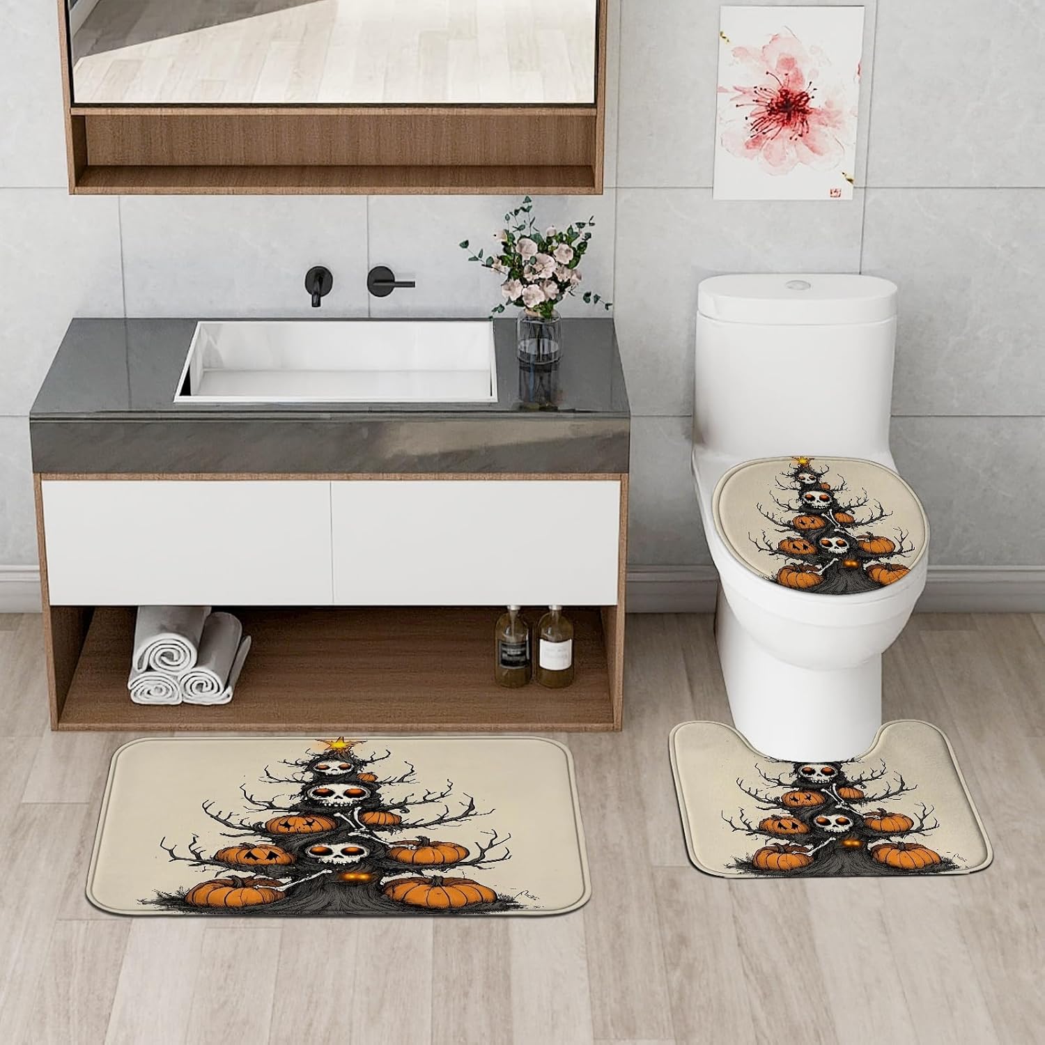 4PCS Fun Halloween Horror Pumpkin Tree Bathroom Accessory Sets with Non-Slip Rug, U Shape and Toilet Lid Cover Mat, Scary Cartoon Kid Bath Print Decor-72''x72''