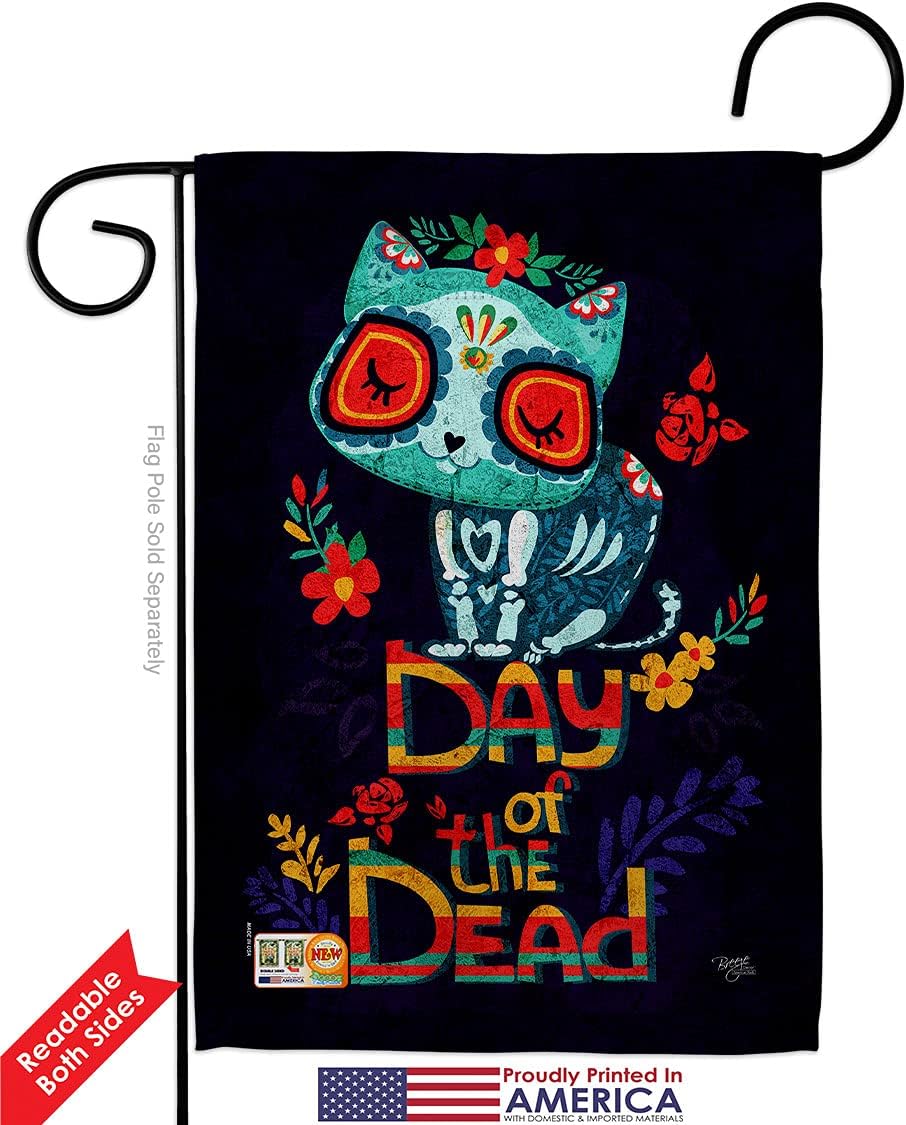 Skull Cat Garden Flag Set Wall Hanger Falltime Day of Dead Dia De Los Muertos Fiesta Mexican Party Autumntime Small Decorative Gift Yard House Banner Double-Sided Made In USA 13 X 18.5