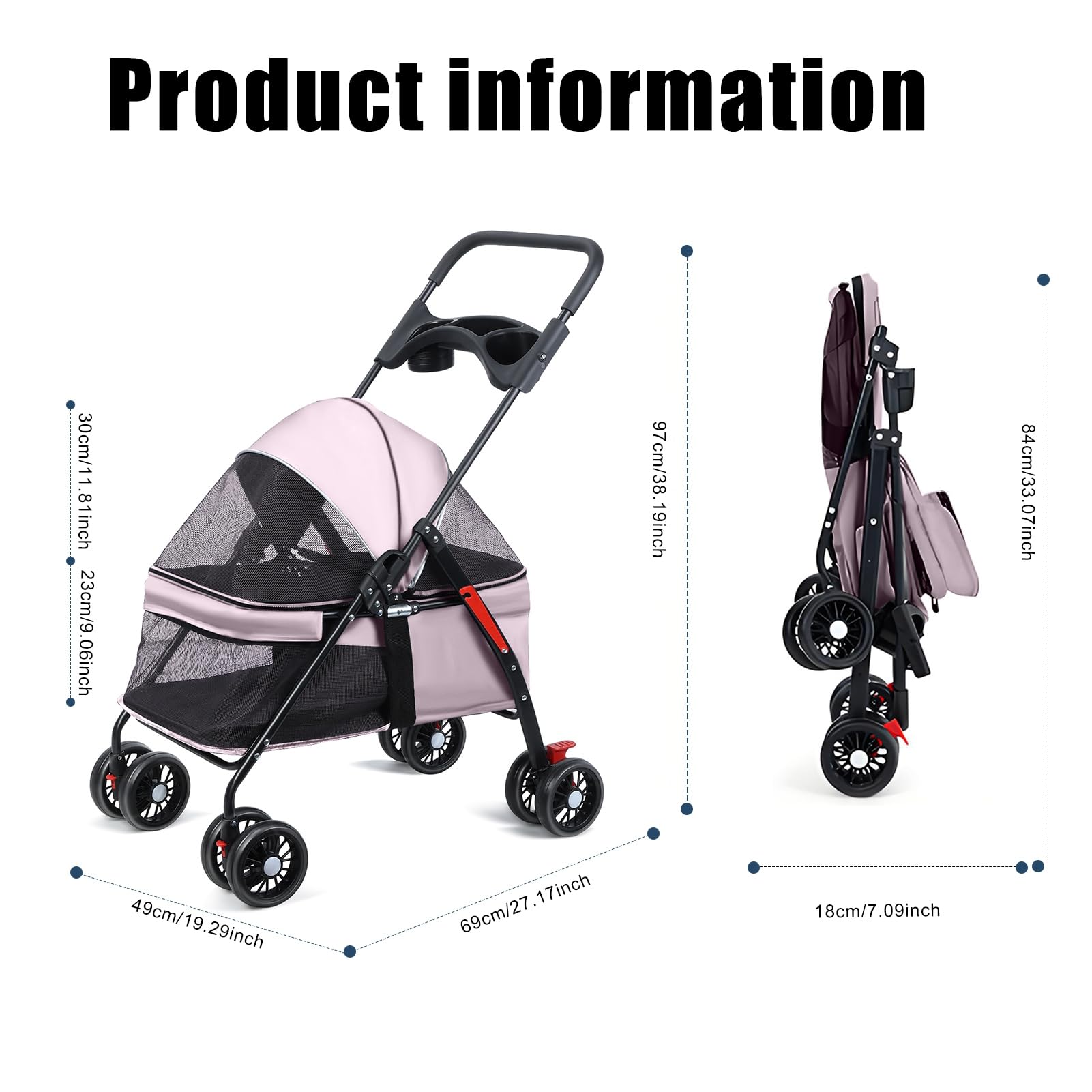 Zusammenklappbarer Hunde-Kinderwagen Für Kleine & Mittlere Hunde/Katzen – Mit Aufbewahrungskorb, 4 Räder, Schwarz