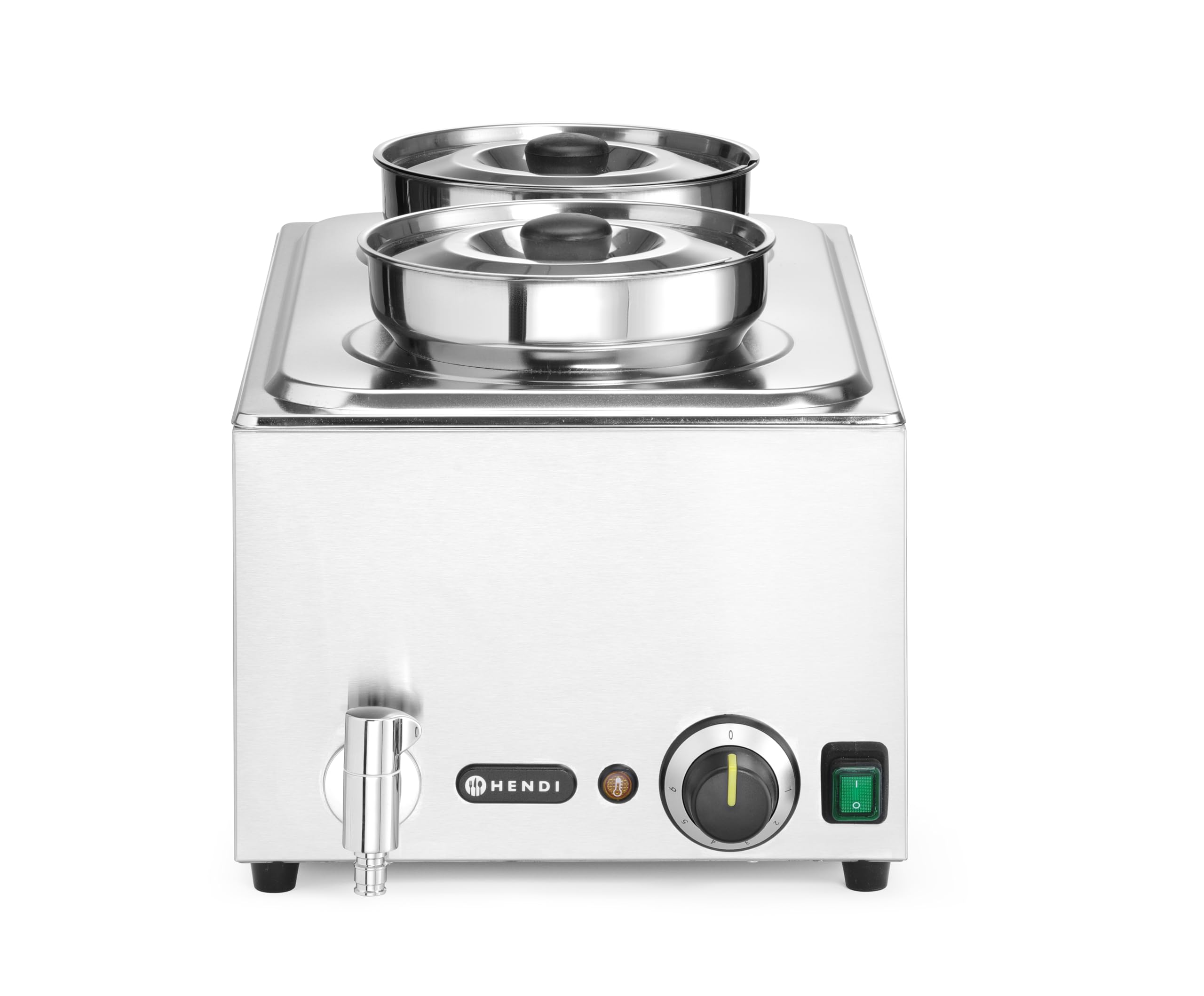 HENDI Bagnomaria elettrico, con rubinetto, scaldavivande per buffet, temperatura regolabile 30–85°C, inclusi 2 contenitori rotondi con coperchi, 8 L, 220V, 1000W, 604x332x(H)315mm, inox