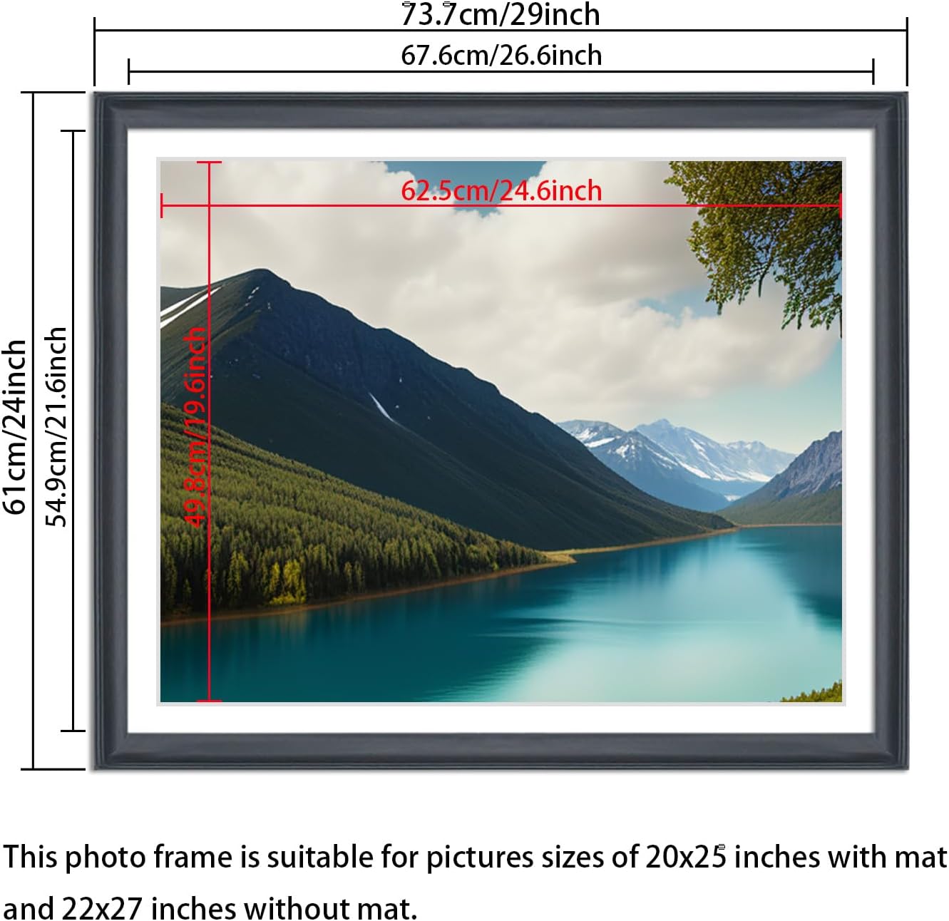 22x27 Picture Frame Solid Wood Black, Display 20"x25" (With mat) or 22"x27" (Without mat) Photos, Poster, Painting,Puzzles (X23B2227W2025)