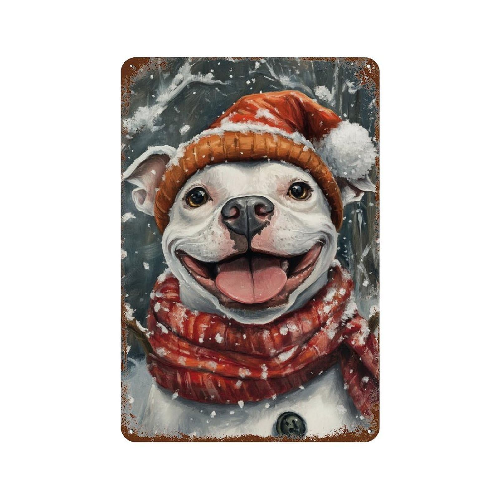 Garage Style Snowy Pup in Santa Hat Weathered Tin Sign 11.8"x7.9", Farmhouse Wall Decor for Bar And Workshop