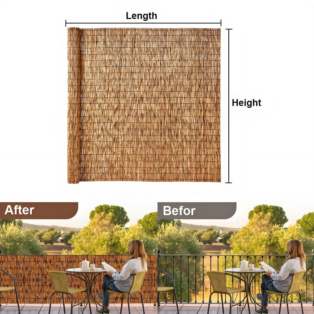 Stuoia in Bambù Naturale, Arella in Canna Canniccio per Recinzione Frangivista, Arelle per Balcone Giardino Terrazza Piscina, Rotolo Cannette Bambù Pelato, Coperture Decorativo(Natural,H1.1 x L14.0m)