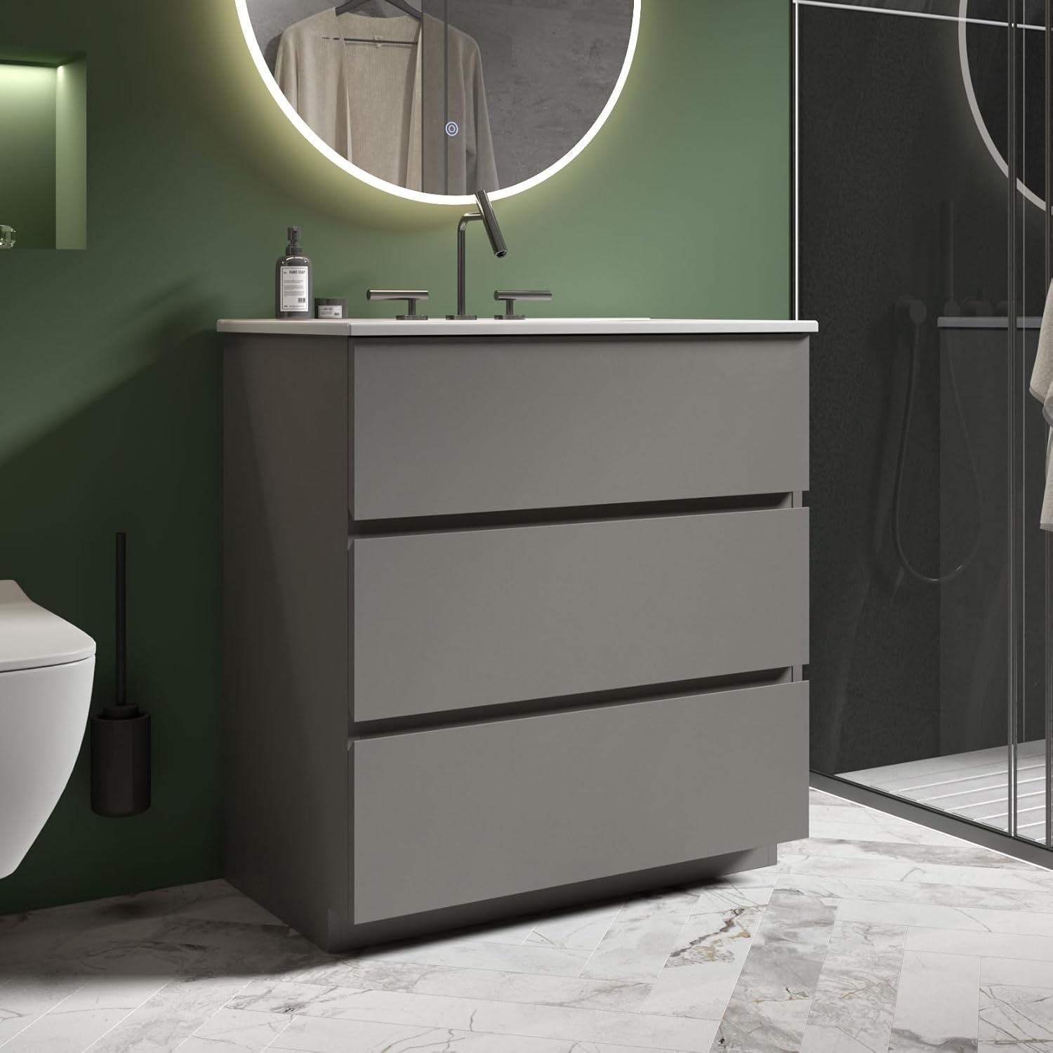 30" Bathroom Vanity with Sink, Modern Freestanding Vanity with Three Soft Closing Drawers, Large Storage for Small Space, Space Gray - Iris Collection