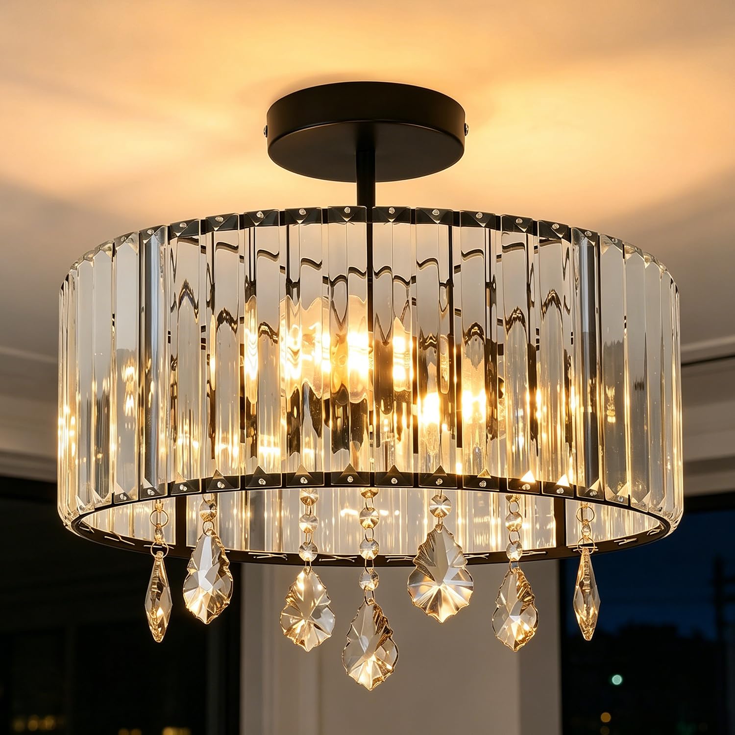 ANWIO Lámpara de Techo de Cristal, Lampara Salon Techo Cristal con 3 E27 Bases, Plafones de Techo Modernos Negro de Mayor Tamaño,Candeeiro Teto para Dormitorio, Cocina,Comedores(36.5CM, Sin Bombilla)