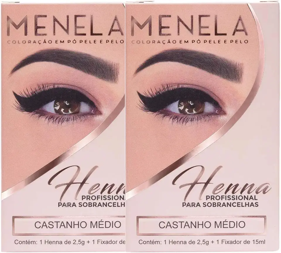 Kit 3 Henna para Sobrancelhas Menela Profissional com Fixador Cores Preta Castanho e Loiro (Castanho Médio 2)