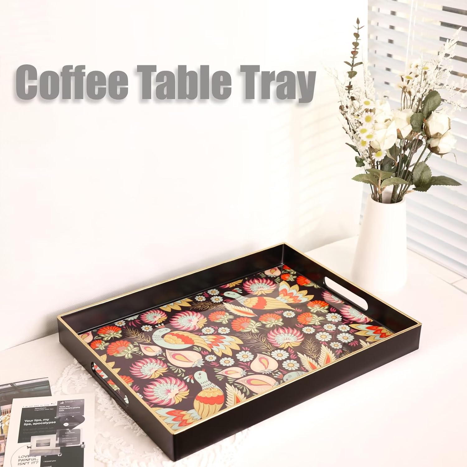 Spsyrine Decorative Serving Tray with Handles, Black Lacquered Coffee Table Tray for Ottoman, Rectangle Waterproof Platters for Centerpieces, Parties, Living Room, Kitchen Counter Organization Peacock - Image 5