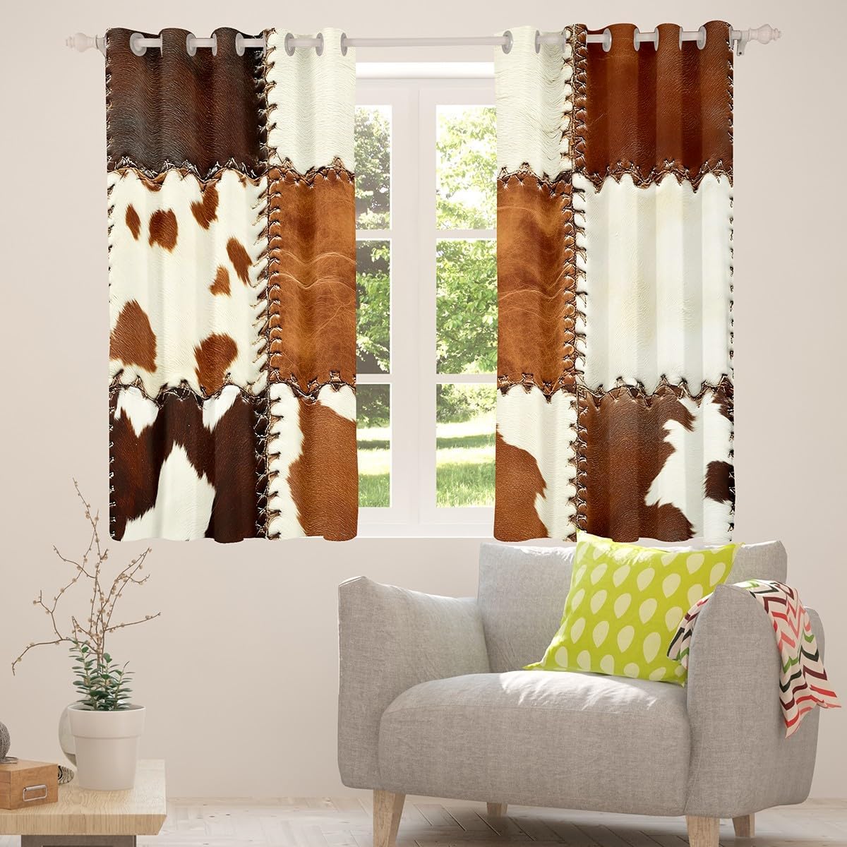 Brown Cowhide Blackout Curtains,Cattle Wild Highland Cow Print Curtains & Drapes,Rustic Farm Animal Skin Fur Window Treatments 2 Panels 42 x 84 Inch,Vintage Patchwork Home Decor Boho Exotic Decor