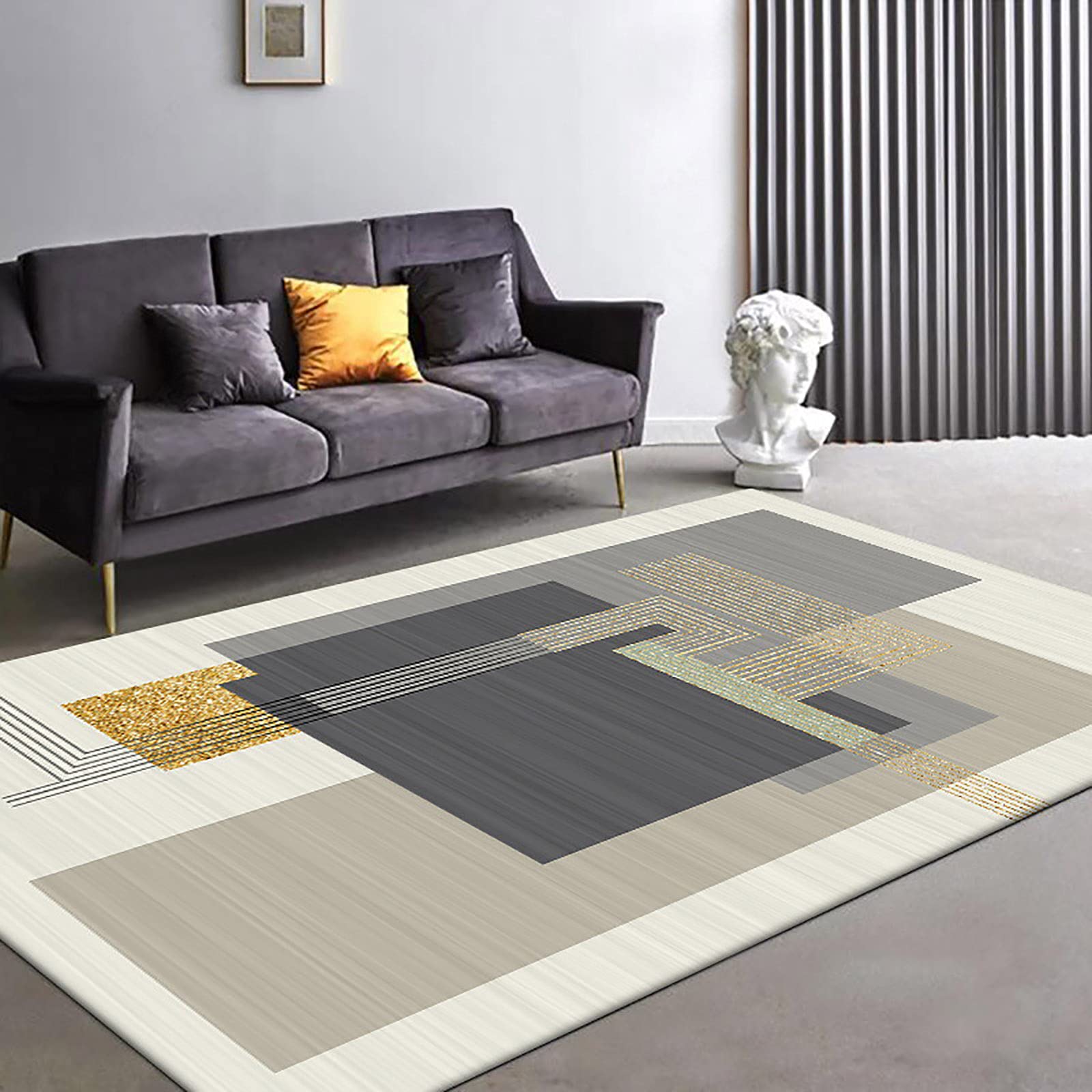 Tapis de salon lavable et antidérapant en coton fin à poil ras