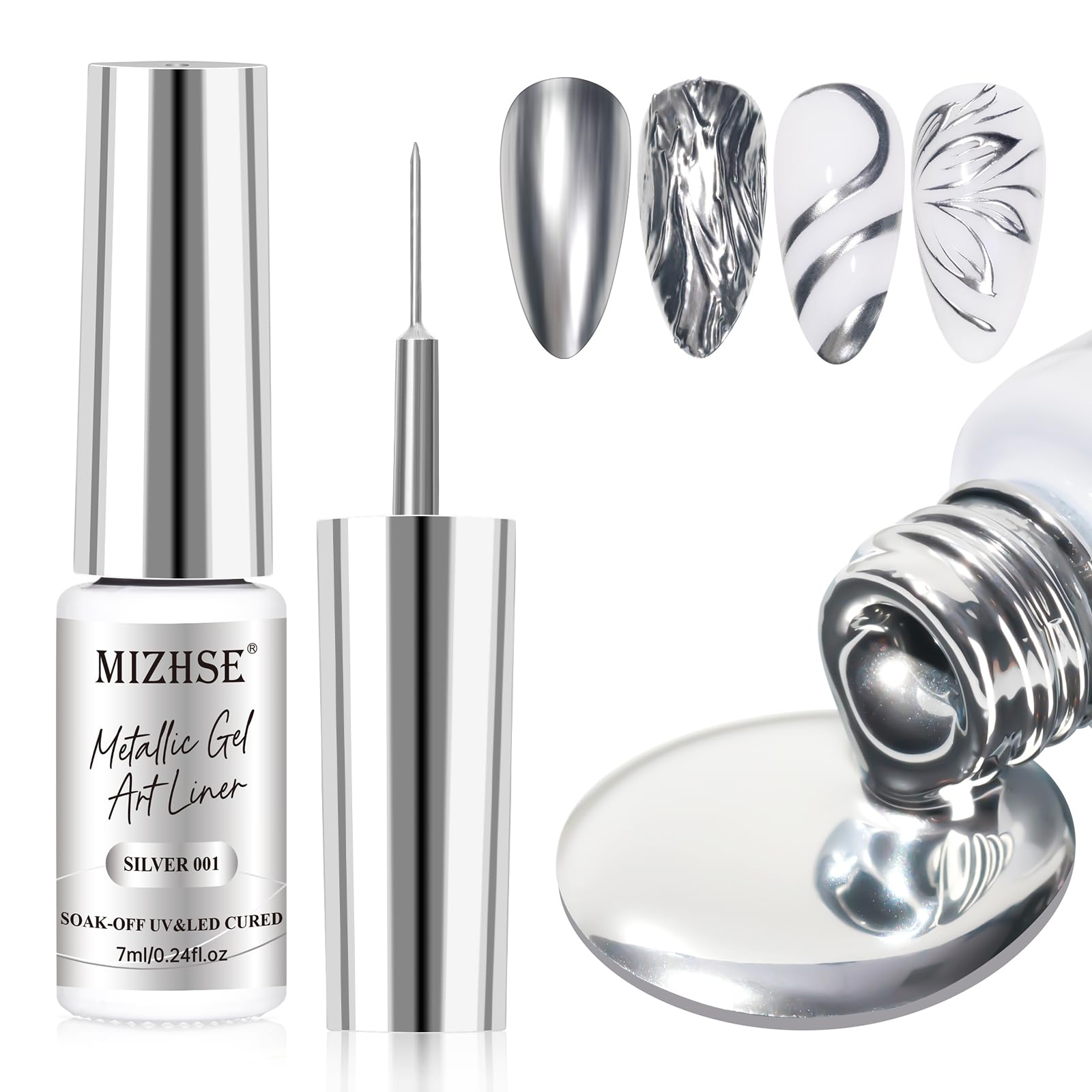 MIZHSE Silber Nagellack Gel Liner Nail Art Silver Metallic Painting Gel, 3D Metal Glossy Drawing UV Nagellack 7ML für Painting Nail Design Soak Off Manicure Nail Art 1PC