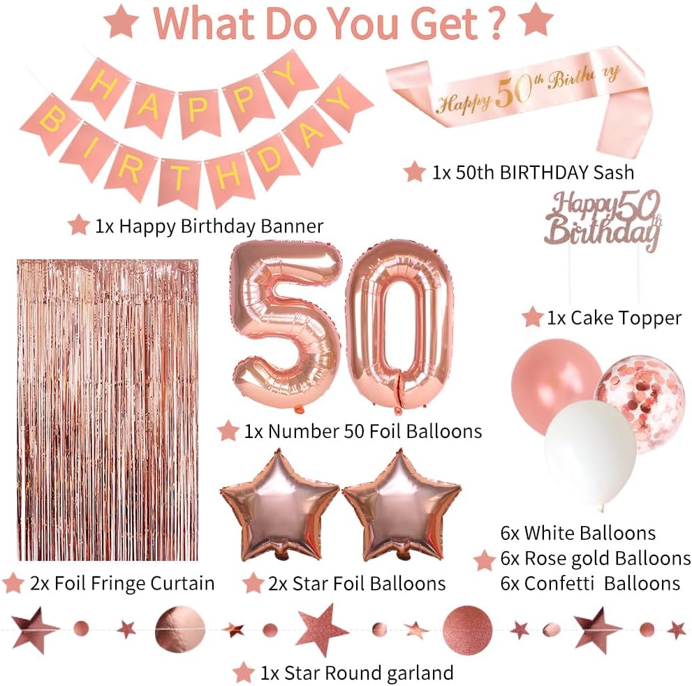 50th Birthday Decorations for Women, Happy Birthday Banner 50th Birthday Cake Topper Rose Gold Curtain Sash 50 Balloon Number for Anniversary Decor Birthday Party Backdrop - Image 2