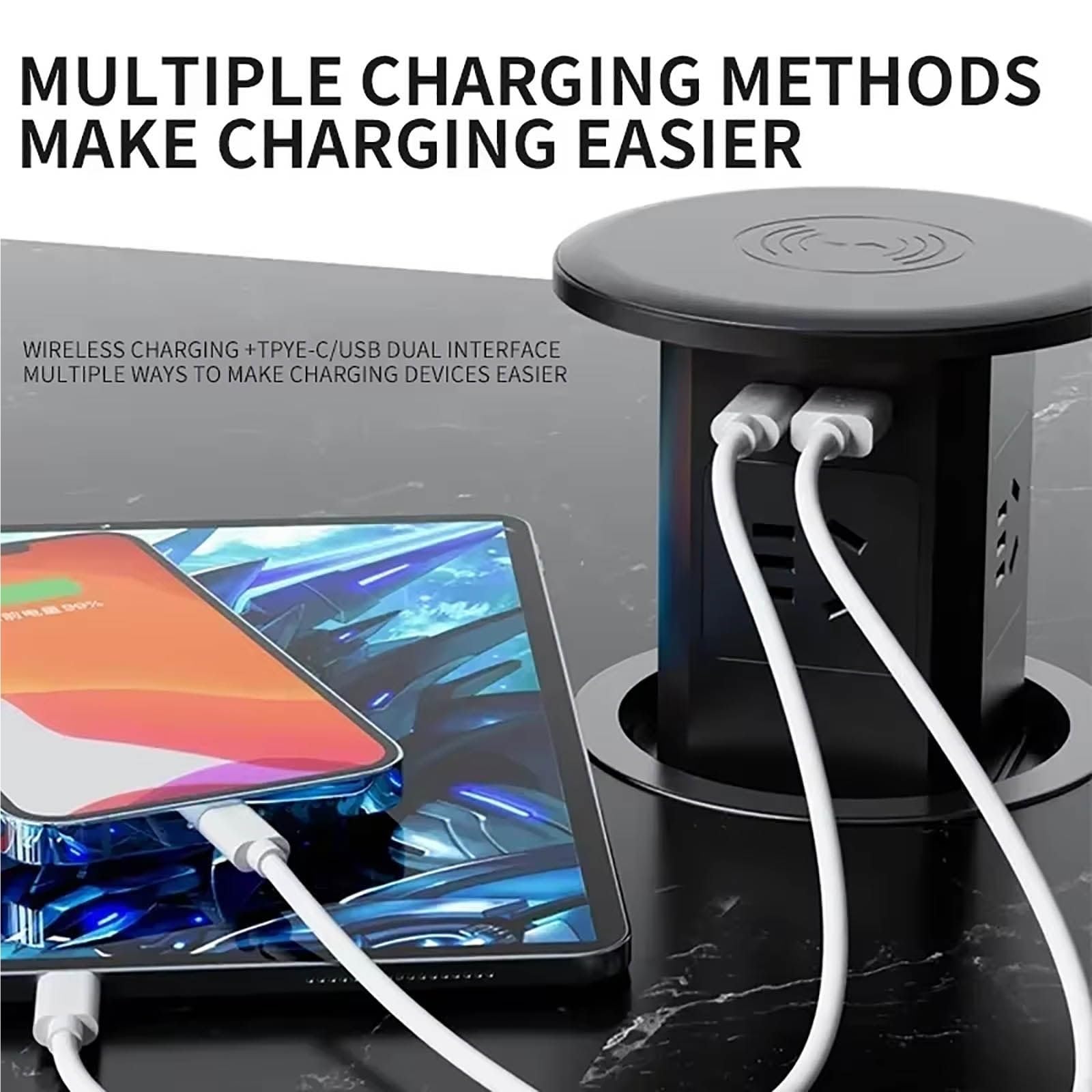 Prise Escamotable Bureau avec Charge sans Fil 15W Ports USB-C et USB-A Multiprise Encastrable pour Ilot de Cuisine Bureau Table de Conference Prise de Plan de Travail Cachee Maison(White)