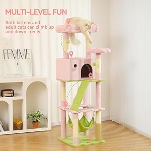 HOOPET 65-Inch Flower Cat Tree for Large Cats, Pink Cat Tower with Extra Large Condo, 2 Perches, Spacious Hammock and 6 Sisal Scratching Posts for Indoor Cats