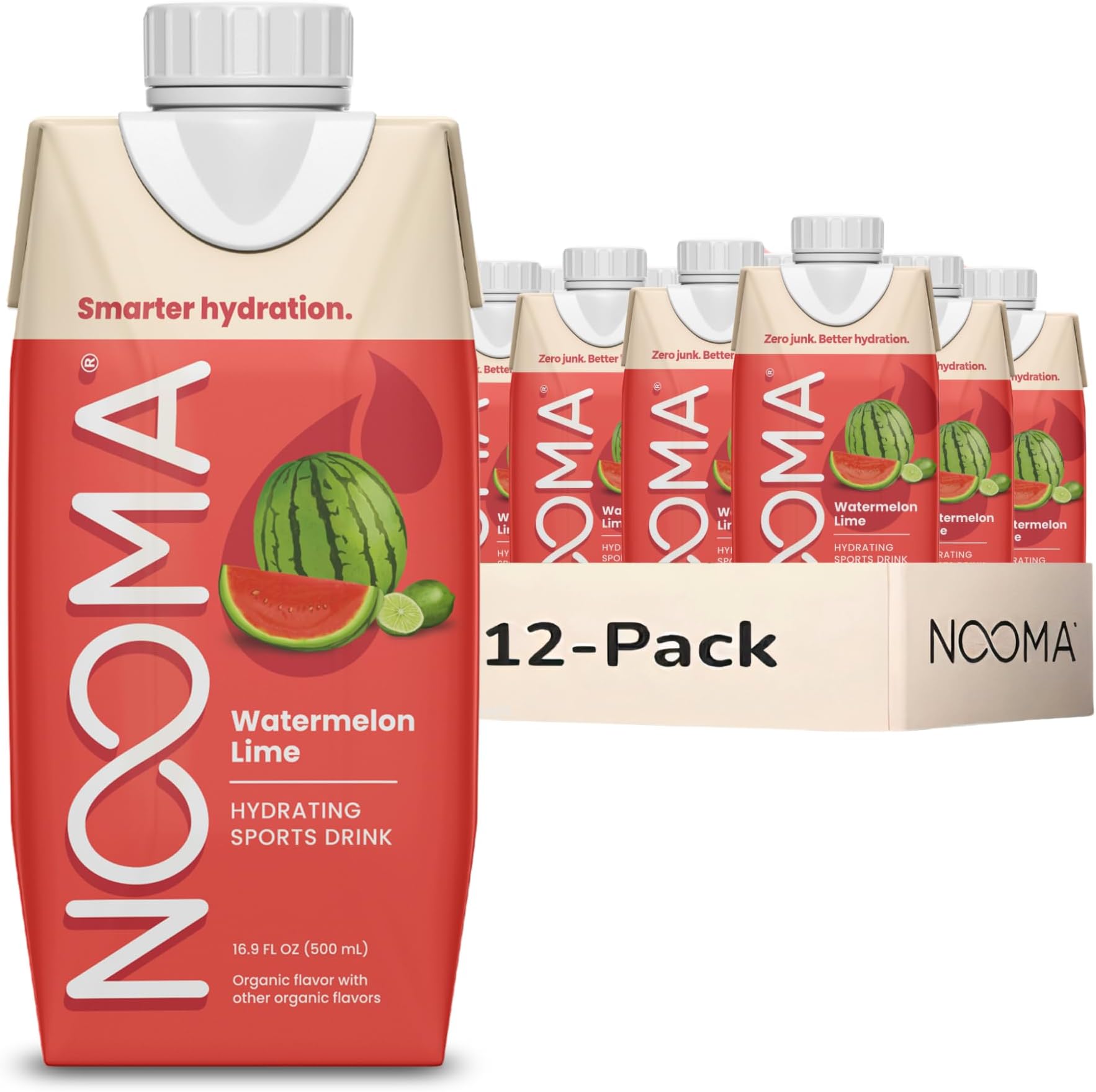NOOMA - Hydrating Sports Drink - Electrolyte Drink with Organic Coconut Water - Organic & No Added Sugars - Rapid Hydration - 30 Calories & 505mg Electrolytes - Watermelon Lime - 12 Pack (16.9oz each)