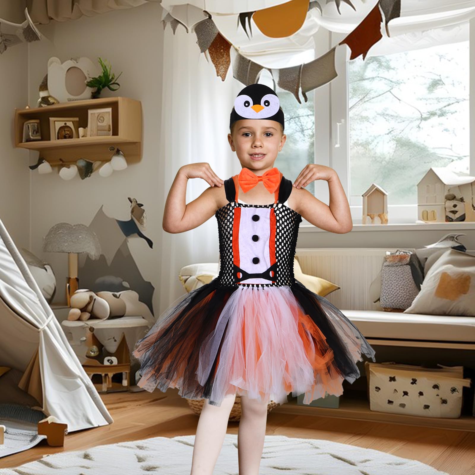Healvian 1 zestaw kostiumu pingwina cosplay: Halloweenowa sukienka tutu z pingwinem, opaska na głowę, muszka, przebranie zwierząt, strój na Halloween, Boże Narodzenie, urodziny, artykuły na imprezę