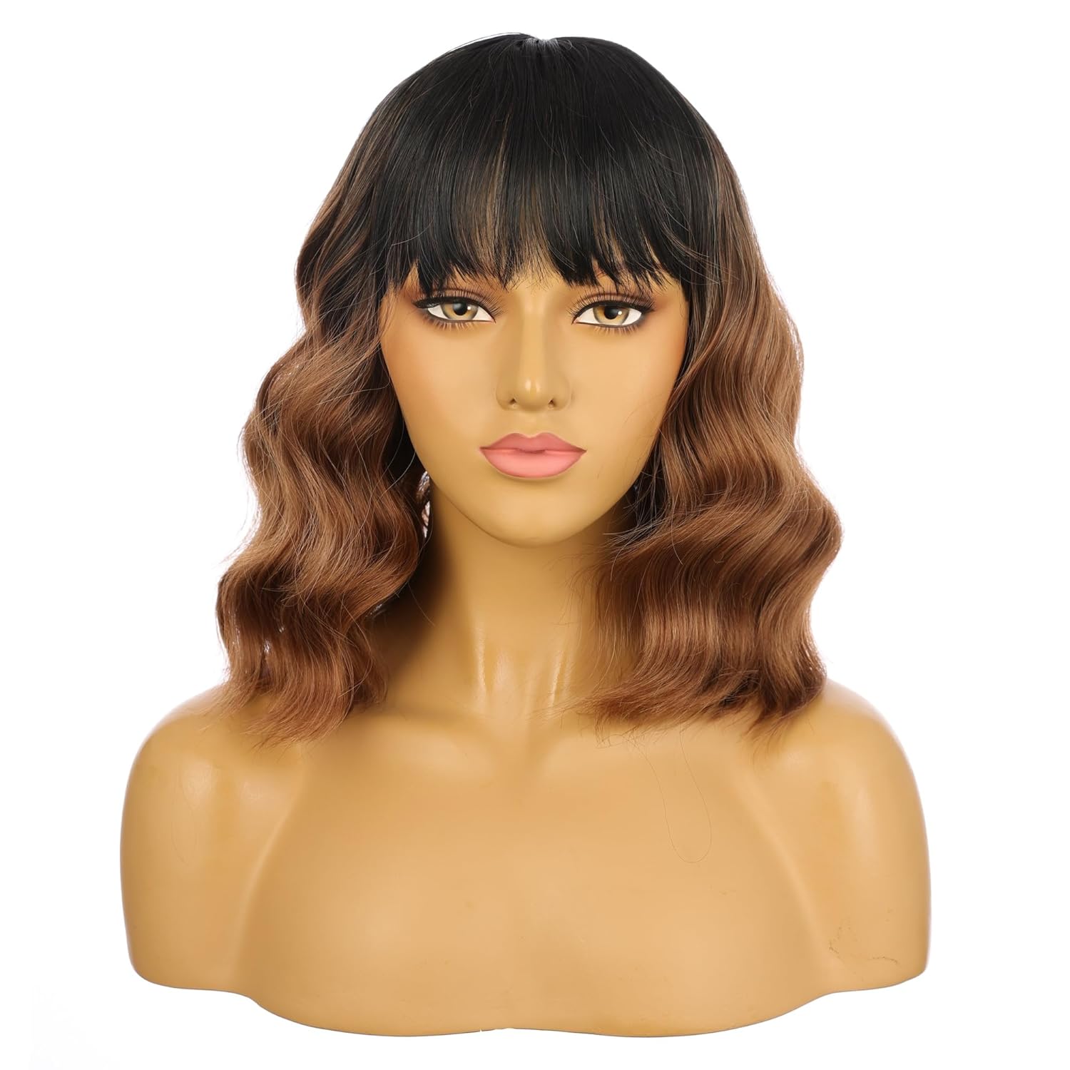 eNilecor Black To Brown Wig for Women,Short Wavy Curly Bob Hair Wig with Bangs,14" Natural Synthetic Party Costume Cosplay Halloween Colred colorful Color Fun Neon Funny Wigs For Women