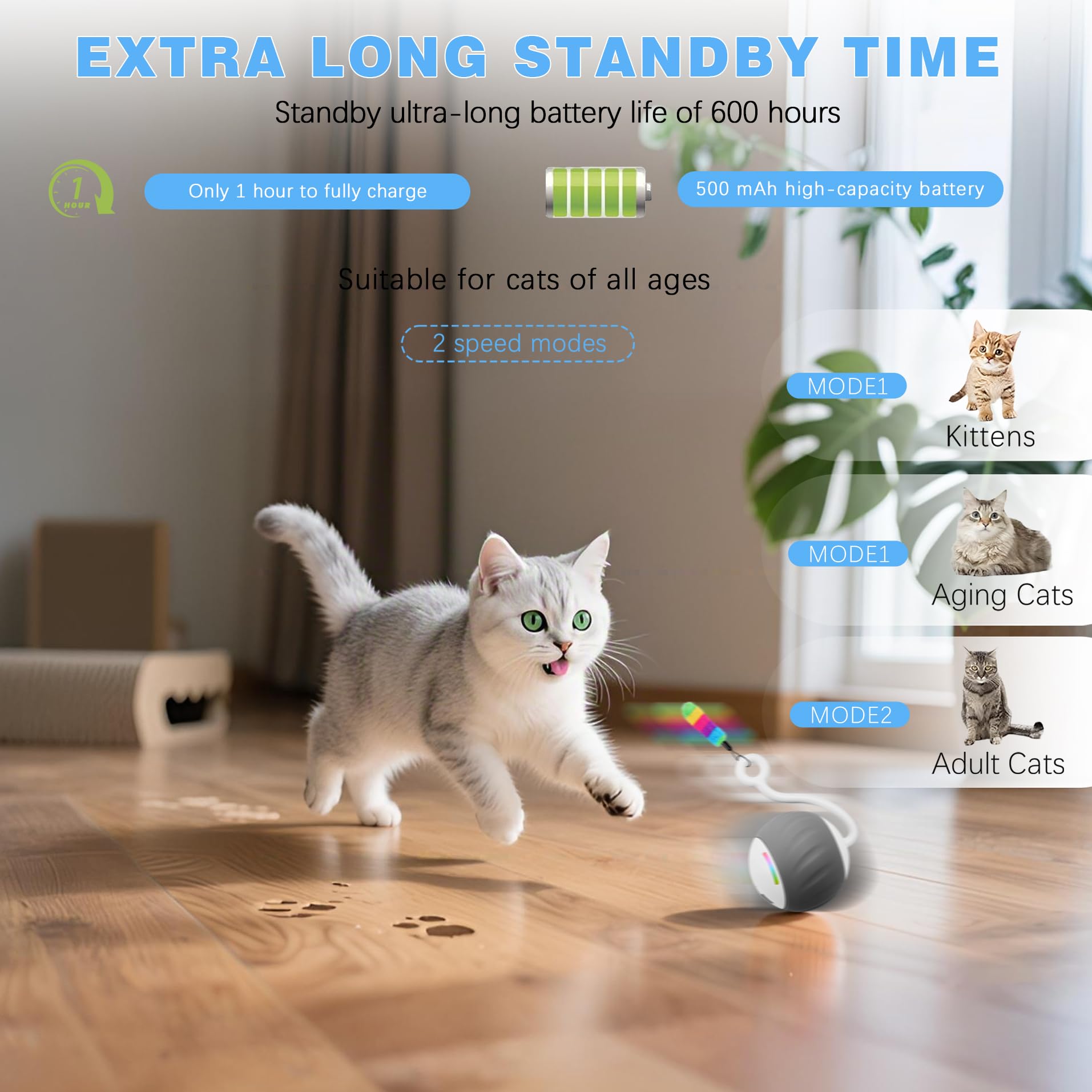 Jouets interactifs pour chats d'intérieur, contrôle intelligent tactile et sonore – Balle à 2 vitesses activées par le mouvement pour chats ennuyés avec lumières LED, queue de plumes, câble de charge