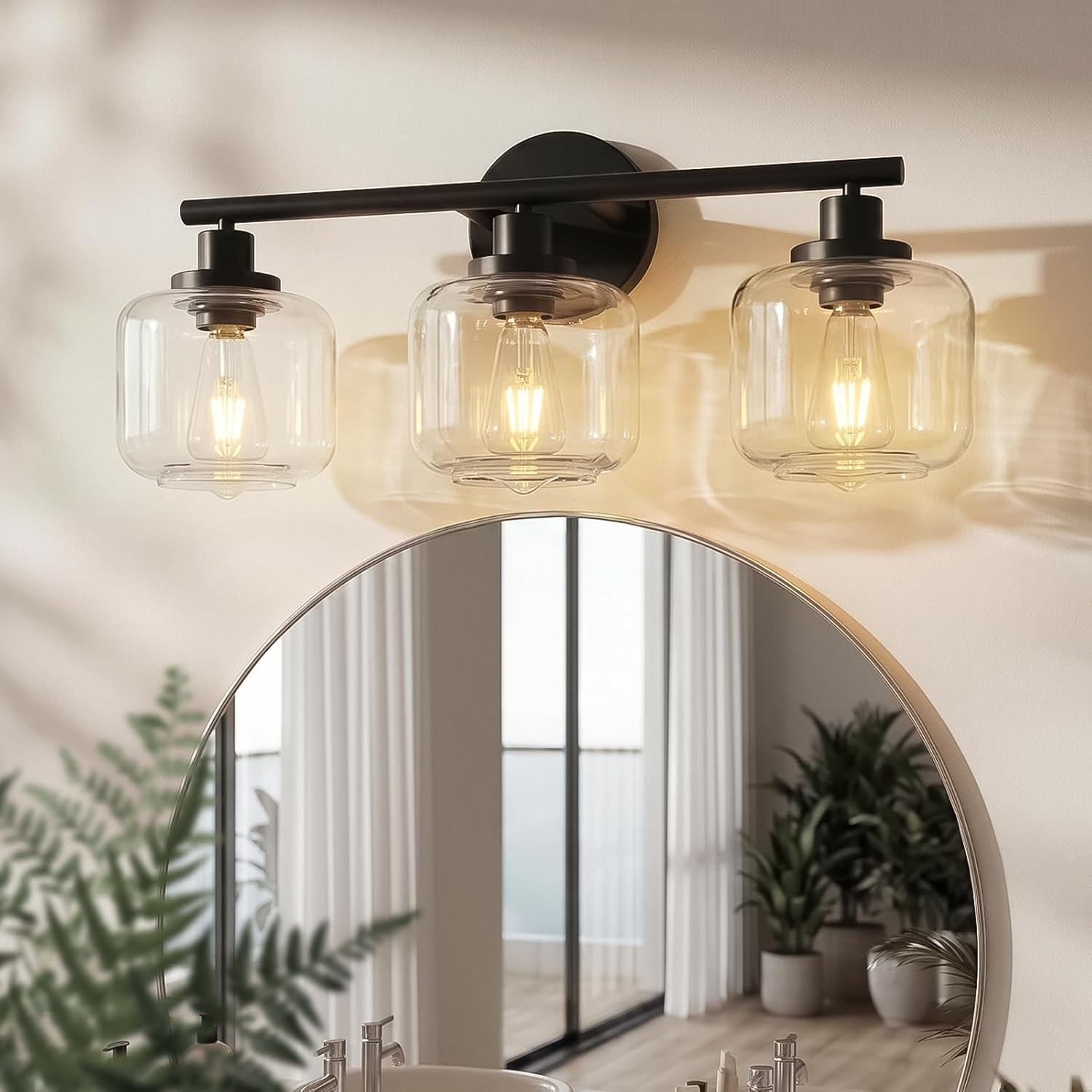2026 Bathroom Light Fixtures, 3-Light Matte Black Vanity Light, 22 Inch Wall Sconces with Clear Glass Shade, Modern Bathroom Wall Lights for Mirror Kitchen Bedroom Hallway (Exclude E26 Bulb)