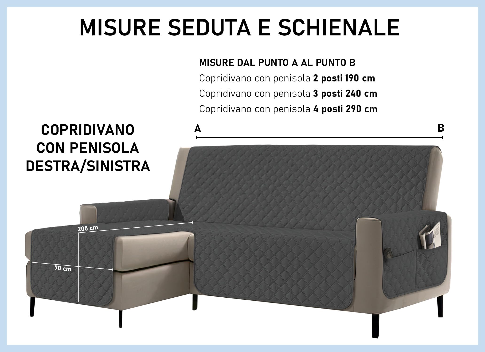 Banzaii copridivano con penisola impermeabile 3 posti, salvadivano antimacchia, trapuntato, reversibile con tasche porta oggetti – Grigio Scuro con Penisola Destra/Sinistra